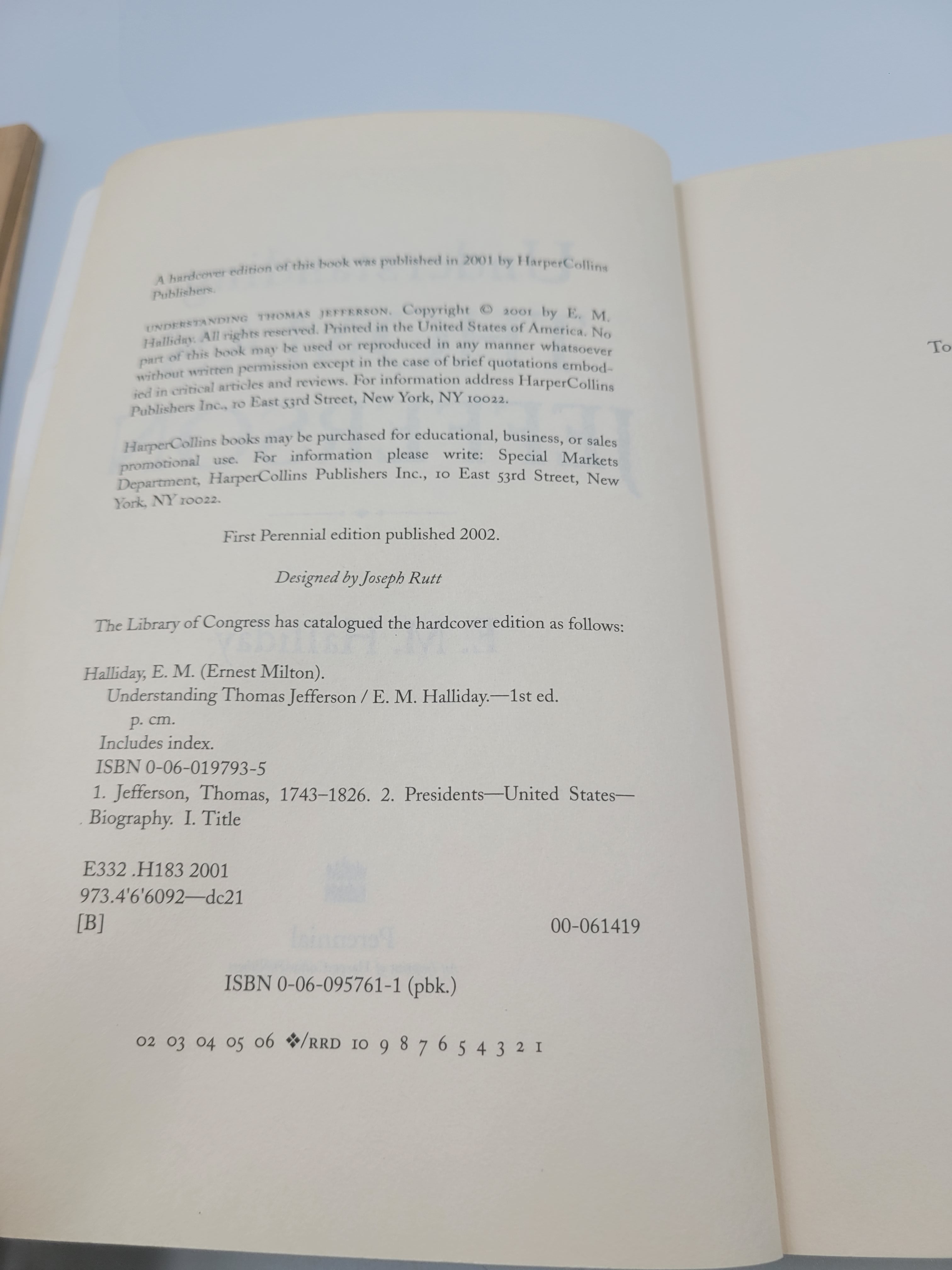 Understanding Thomas Jefferson by E. M. Halliday – First Perennial Edition (2002) – Study Copy with Highlights