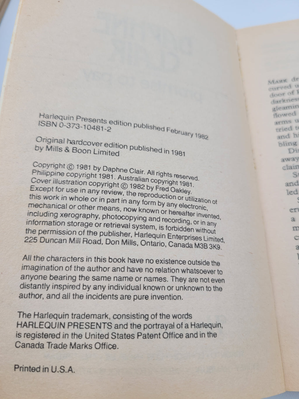 Promise to Pay by Daphne Clair – Harlequin Presents #481 (1982) – Vintage Romance Paperback