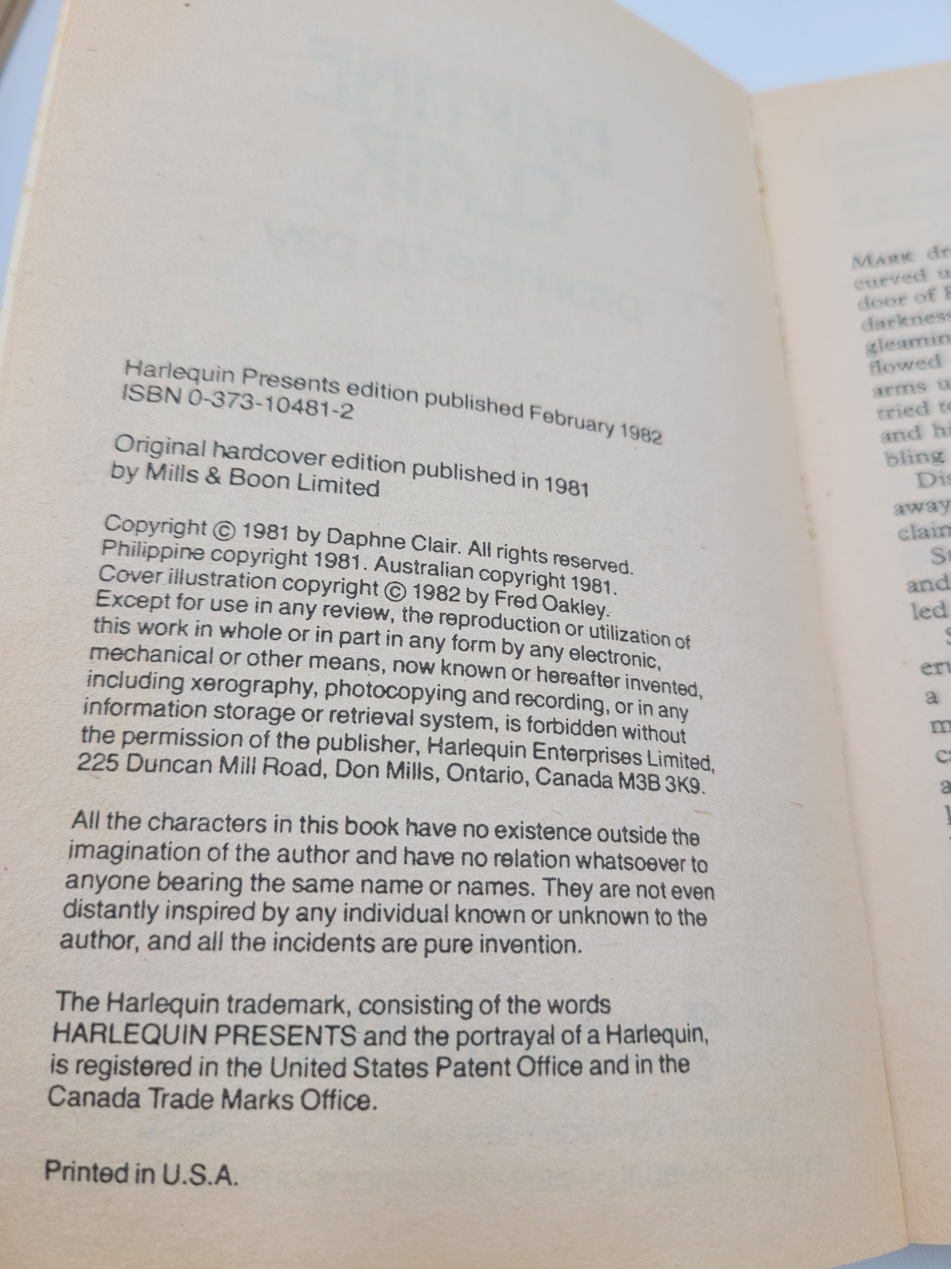 Promise to Pay by Daphne Clair – Harlequin Presents #481 (1982) – Vintage Romance Paperback