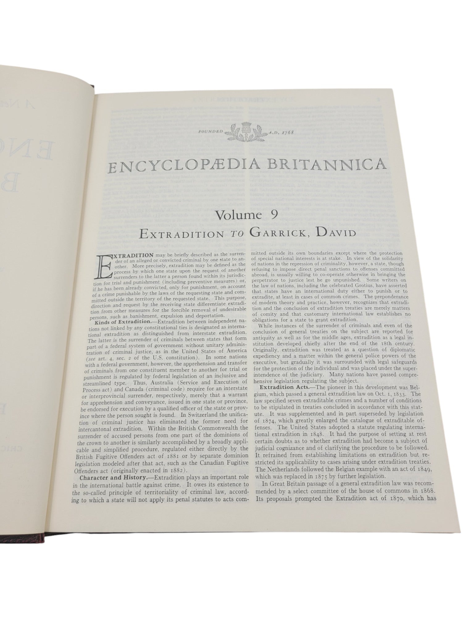 Encyclopaedia (Encyclopedia) Britannica Volume 9 (1967) – "Extradition" to "Garrick, David" | Maroon Leatherette with Gold Embossing