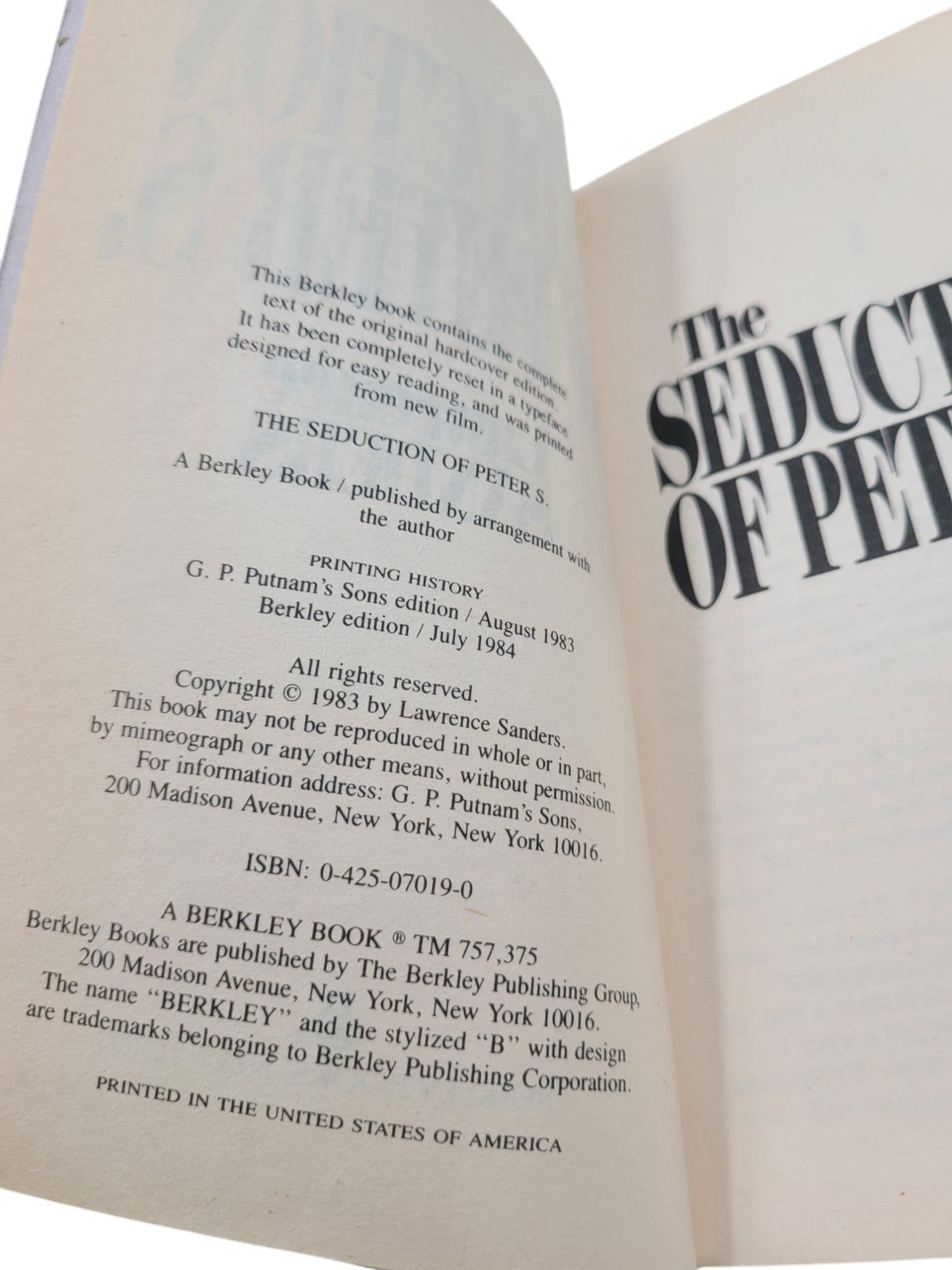 The Seduction of Peter S. by Lawrence Sanders – Berkley Paperback Edition (1984)