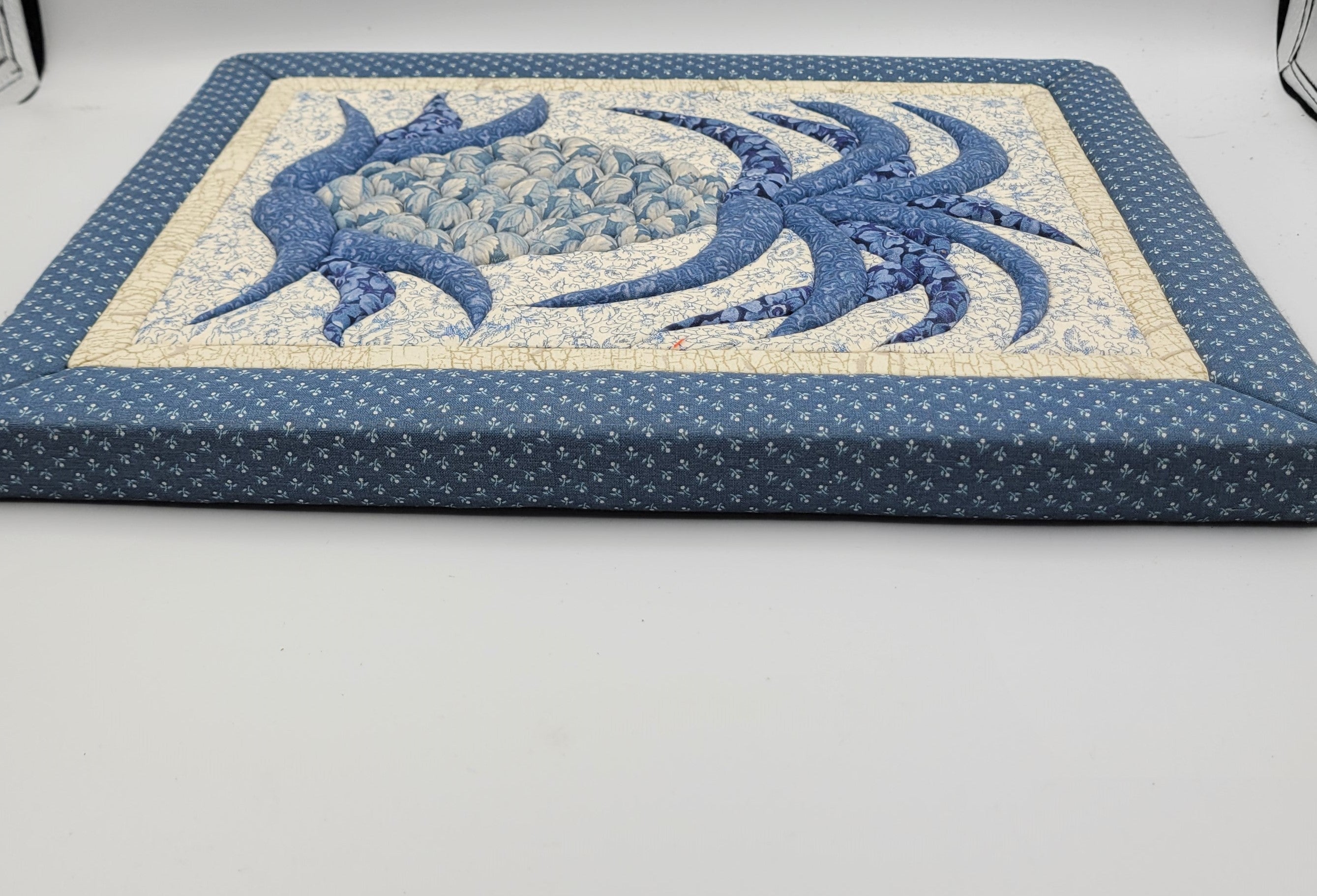Vintage Quilted Pineapple Wall Hanging – Blue & Cream Patchwork Textile Art
