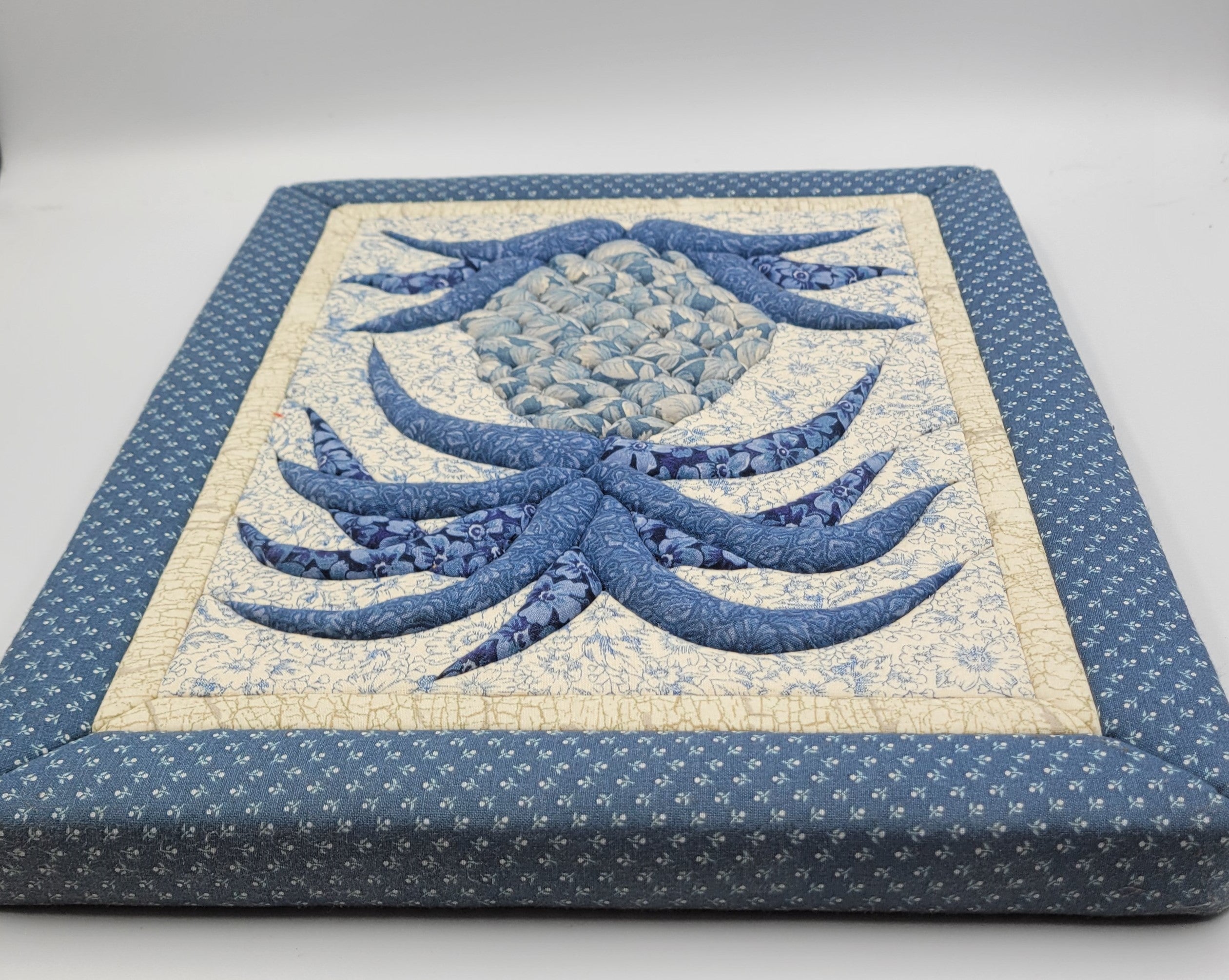 Vintage Quilted Pineapple Wall Hanging – Blue & Cream Patchwork Textile Art