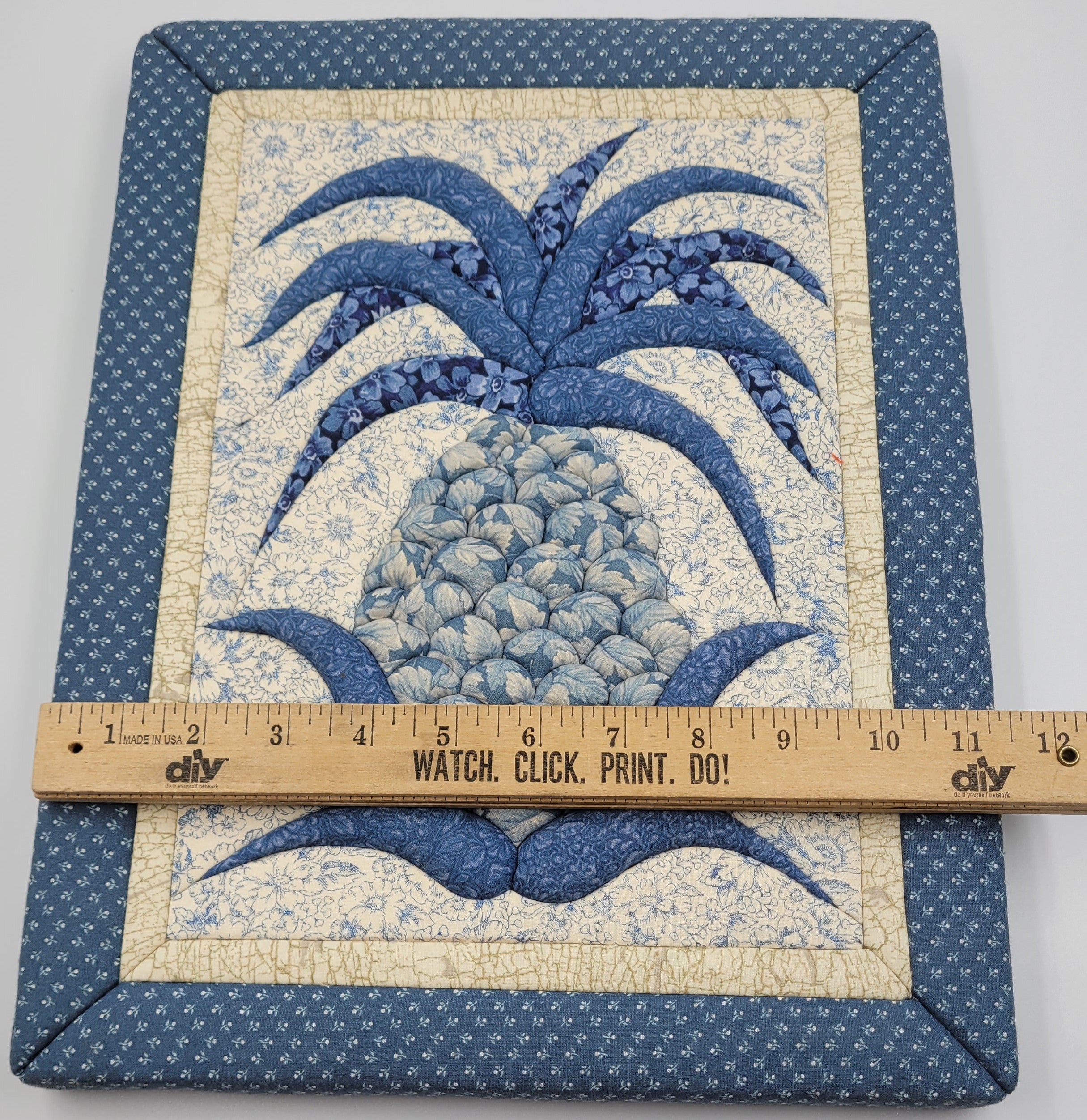 Vintage Quilted Pineapple Wall Hanging – Blue & Cream Patchwork Textile Art