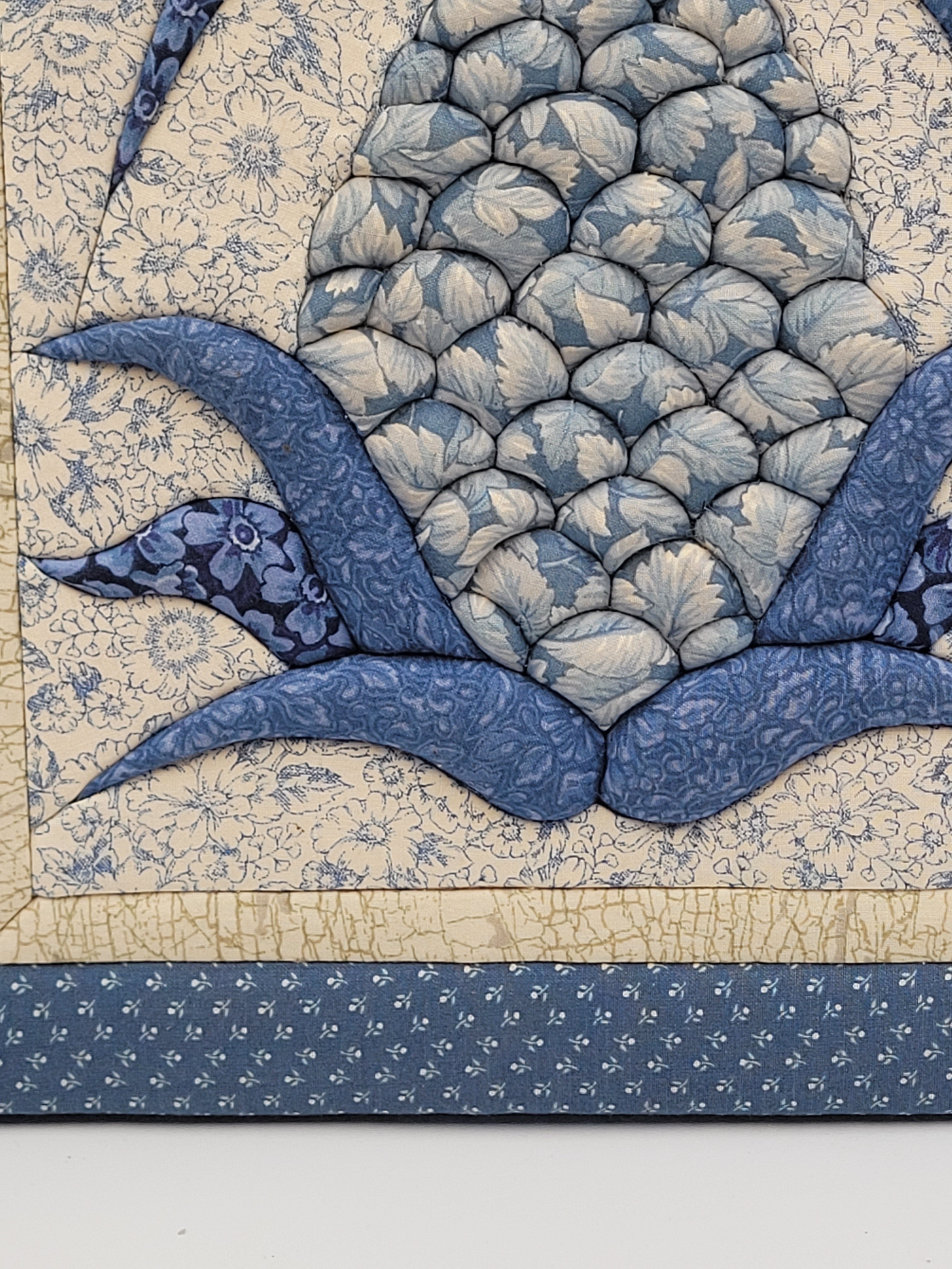 Vintage Quilted Pineapple Wall Hanging – Blue & Cream Patchwork Textile Art