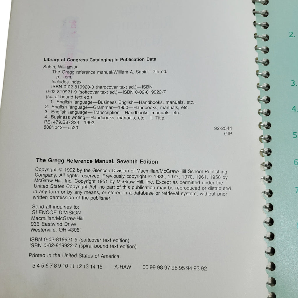 The Gregg Reference Manual – Seventh Edition by William A. Sabin (1985, Spiral-bound)