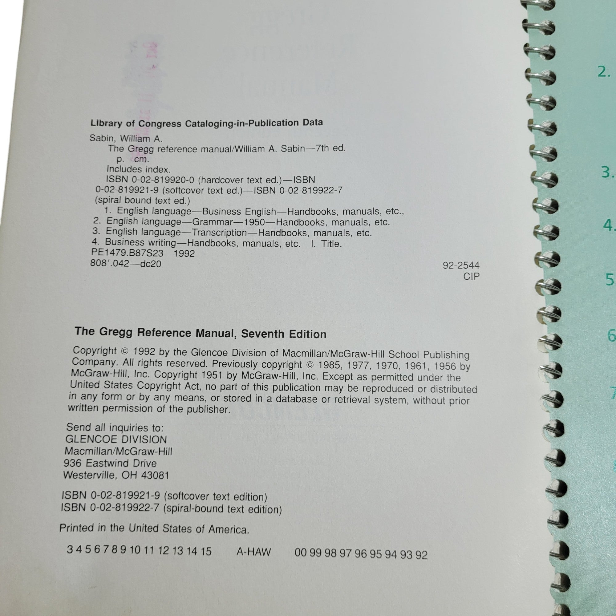 The Gregg Reference Manual – Seventh Edition by William A. Sabin (1985, Spiral-bound)