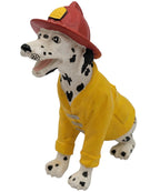 Vintage Dalmatian Firefighter Figurine – Collectible Dog in Red Helmet & Yellow Jacket – Firehouse Decor