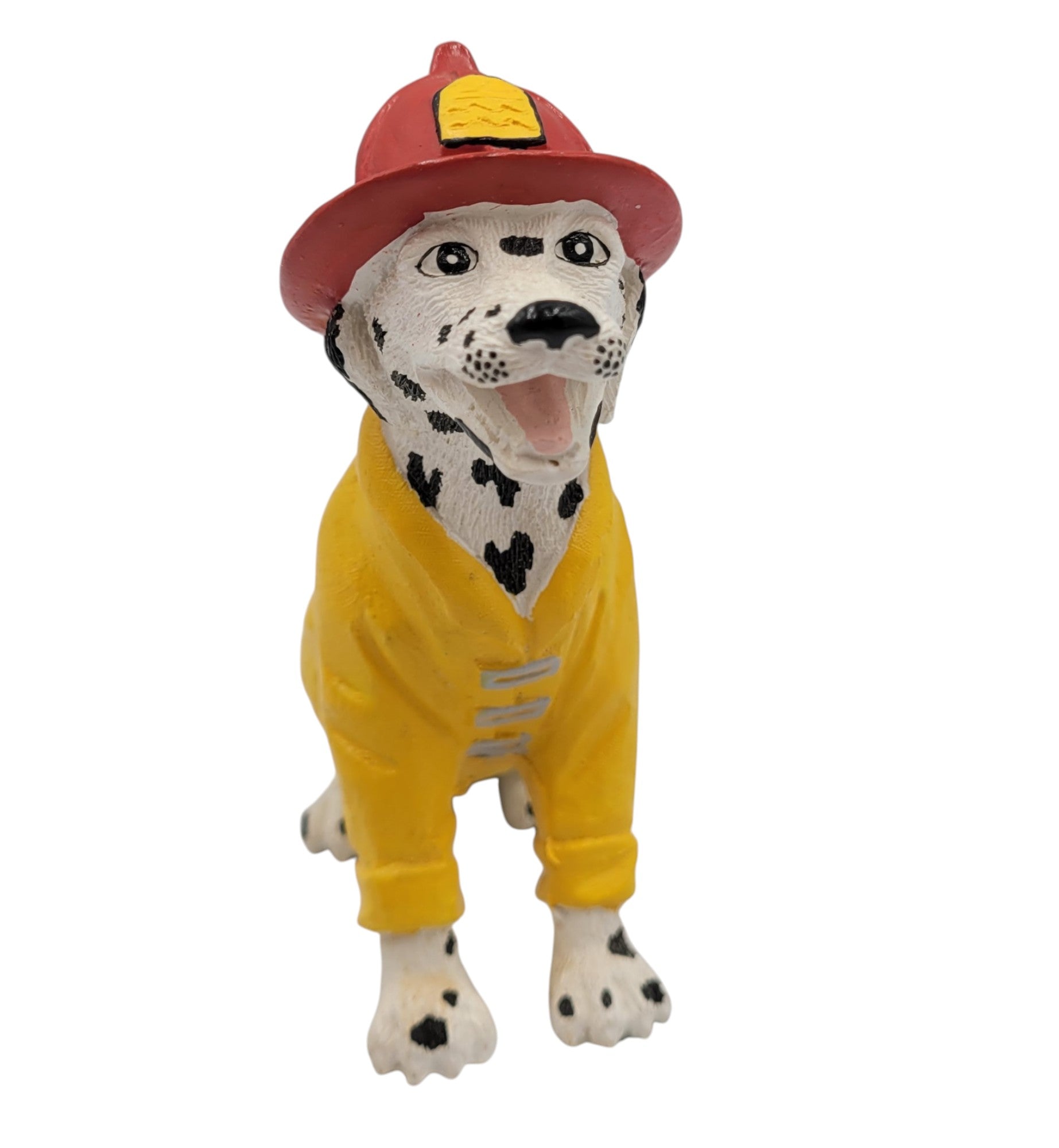 Vintage Dalmatian Firefighter Figurine – Collectible Dog in Red Helmet & Yellow Jacket – Firehouse Decor