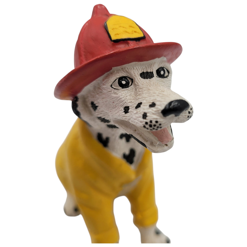 Vintage Dalmatian Firefighter Figurine – Collectible Dog in Red Helmet & Yellow Jacket – Firehouse Decor