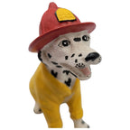 Vintage Dalmatian Firefighter Figurine – Collectible Dog in Red Helmet & Yellow Jacket – Firehouse Decor