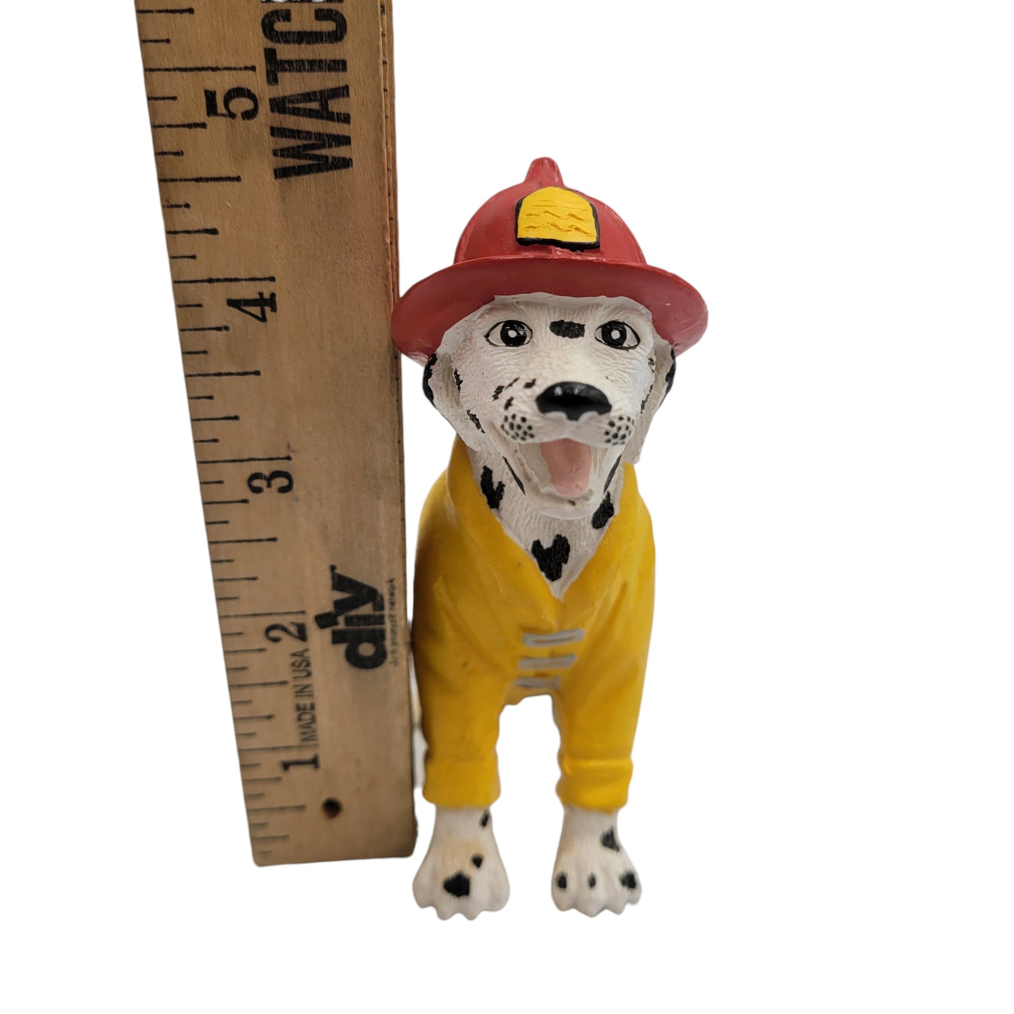 Vintage Dalmatian Firefighter Figurine – Collectible Dog in Red Helmet & Yellow Jacket – Firehouse Decor