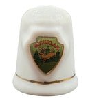 Vintage Michigan Porcelain Souvenir Thimble – Deer & Trees Emblem with Gold Trim