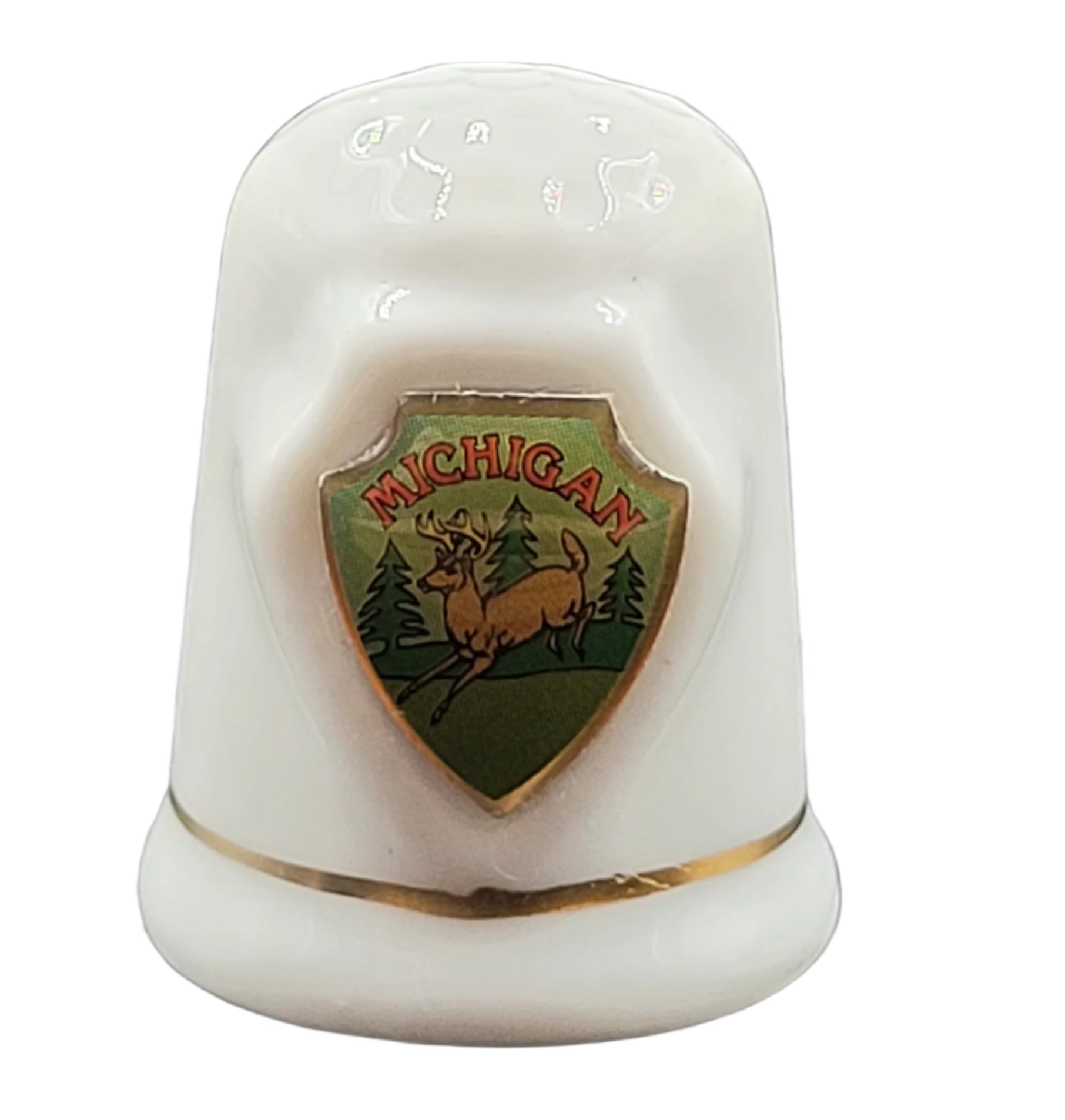 Vintage Michigan Porcelain Souvenir Thimble – Deer & Trees Emblem with Gold Trim