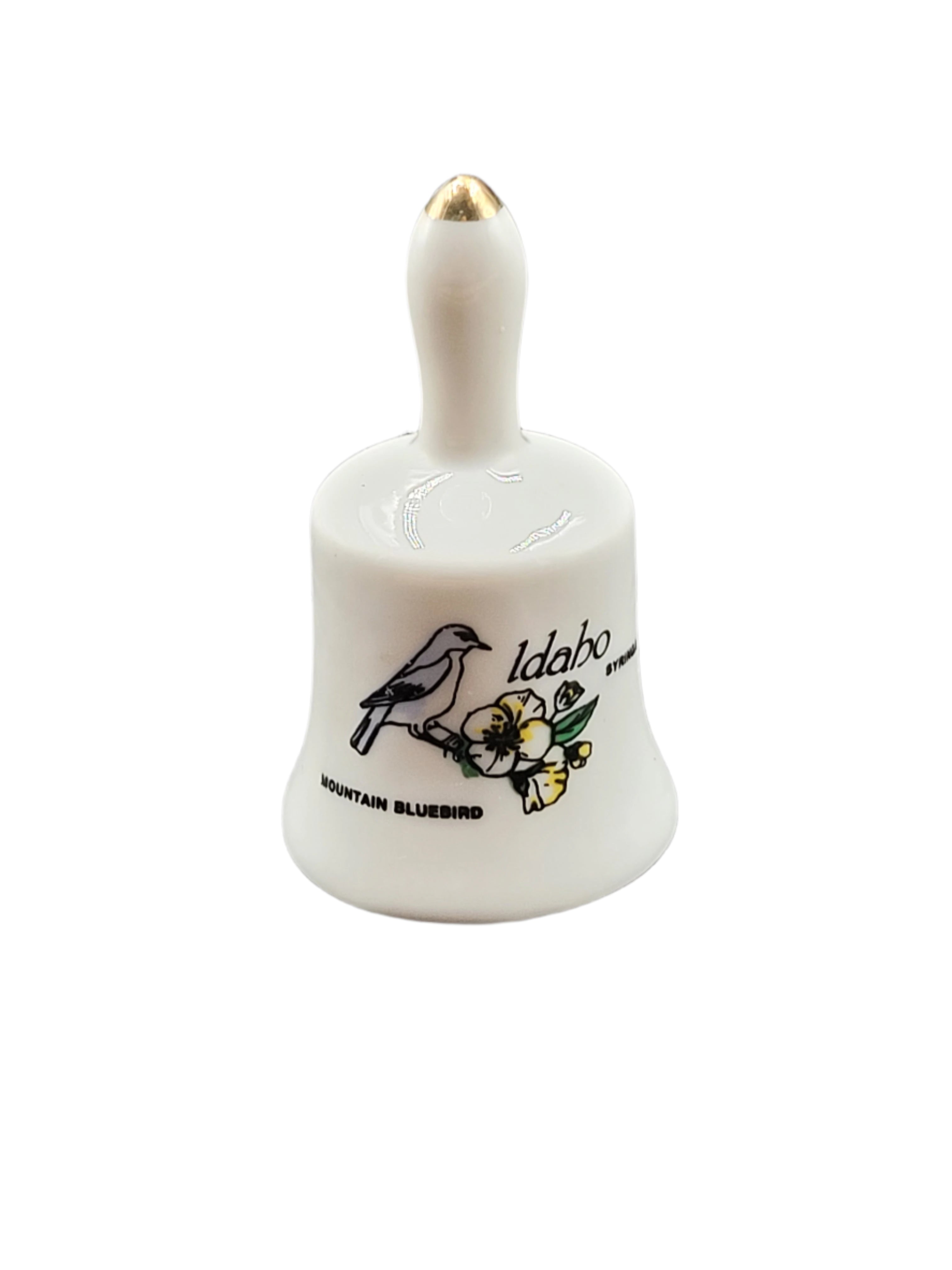 Miniature Idaho Souvenir Bell – Mountain Bluebird – Vintage Ceramic with Gold Trim