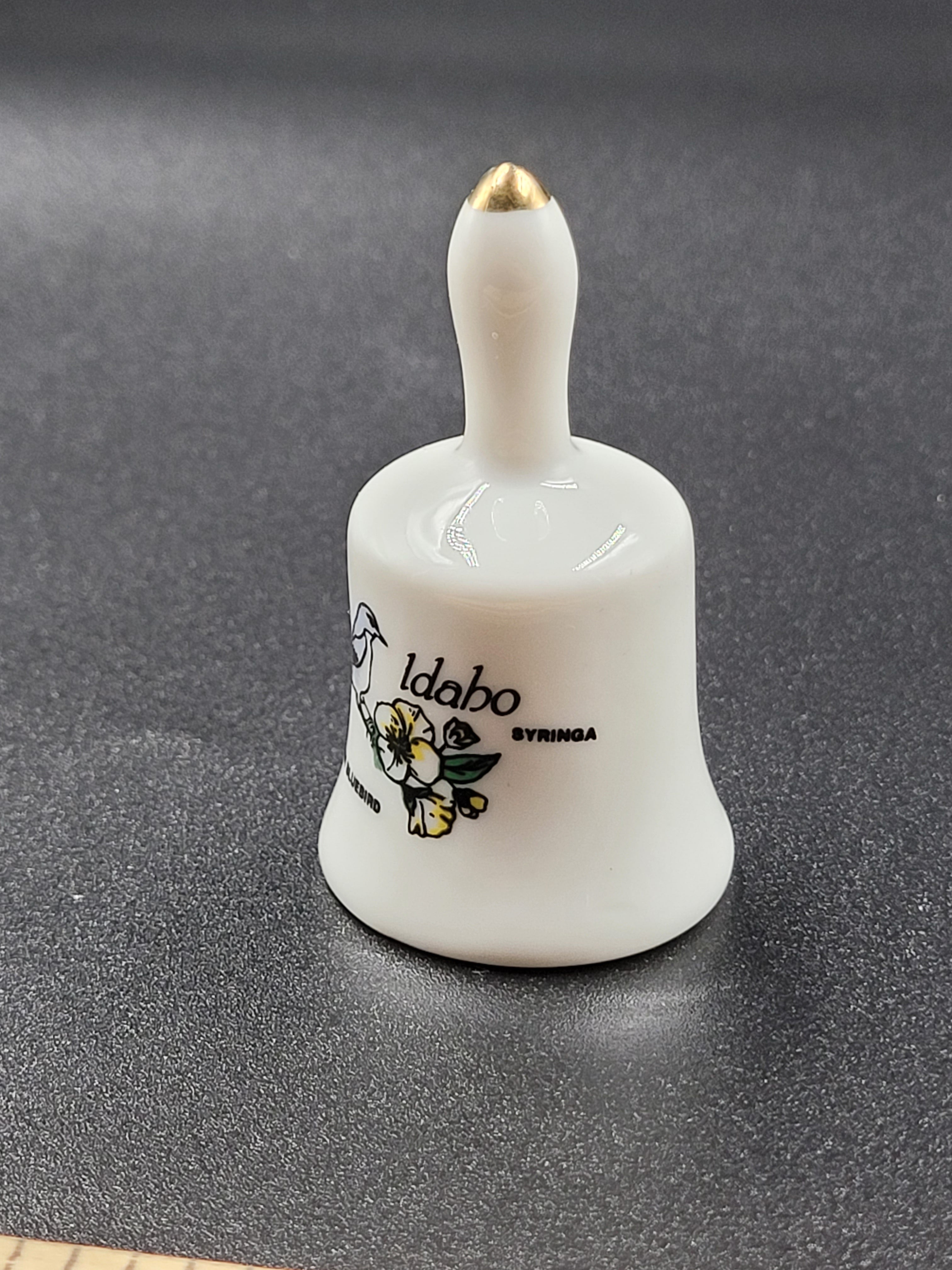 Miniature Idaho Souvenir Bell – Mountain Bluebird – Vintage Ceramic with Gold Trim