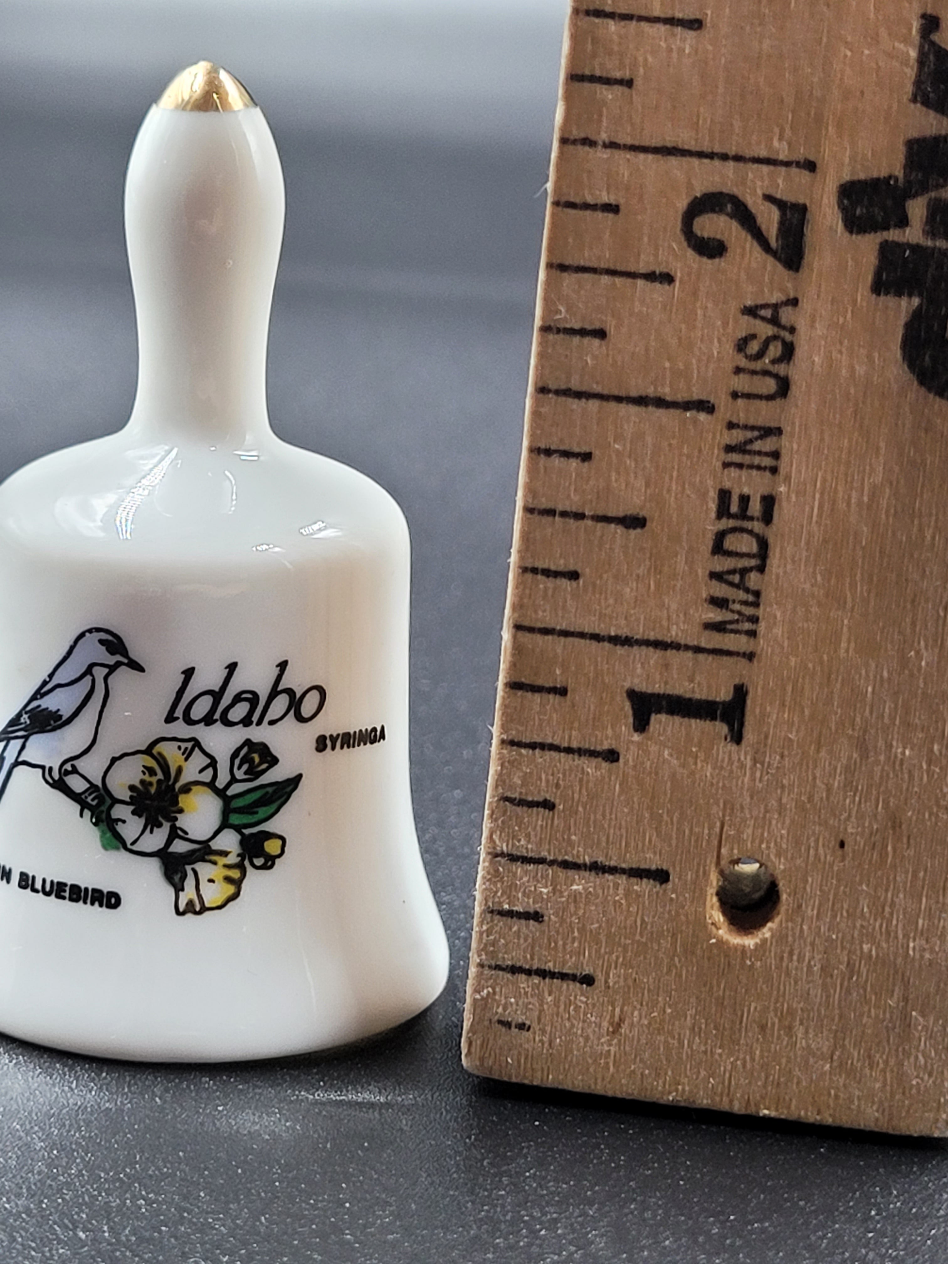 Miniature Idaho Souvenir Bell – Mountain Bluebird – Vintage Ceramic with Gold Trim