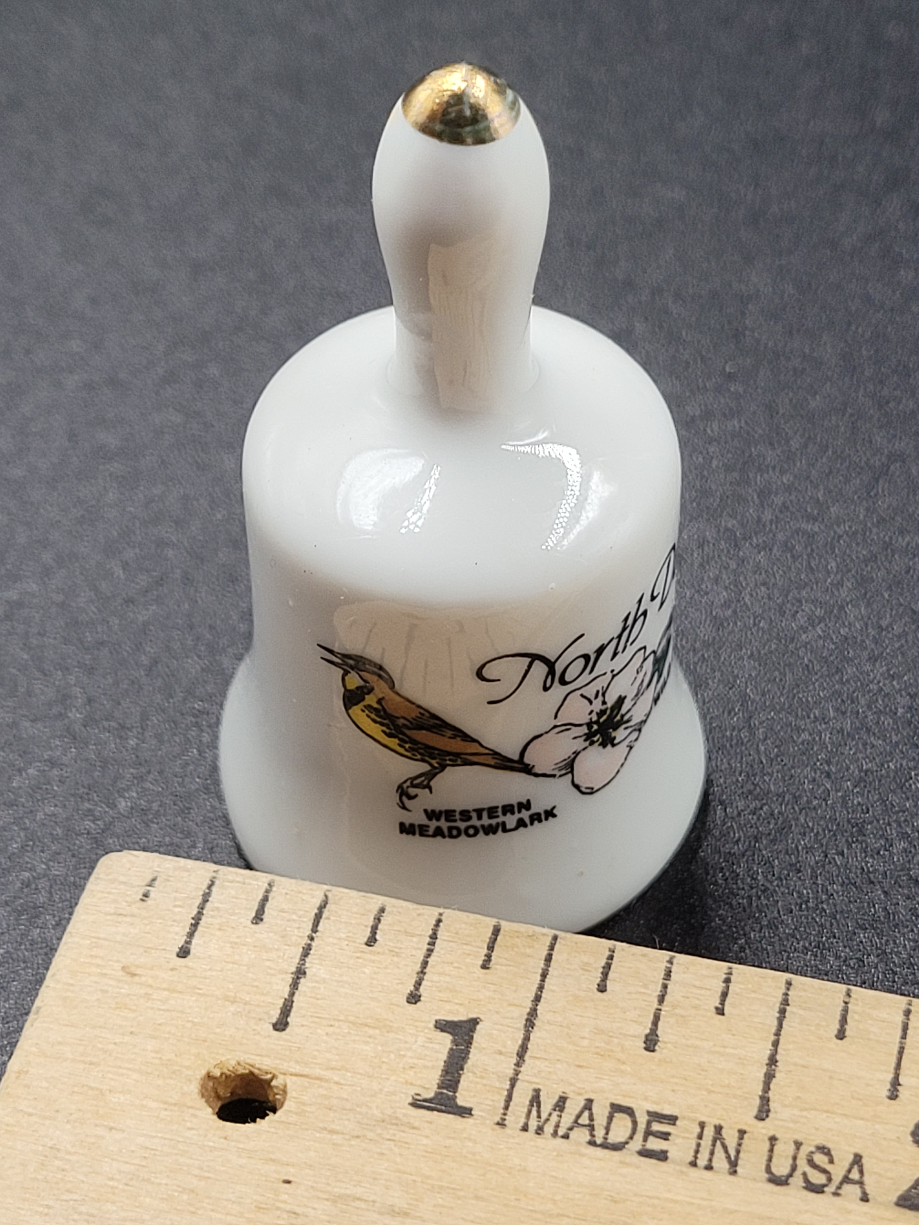 Miniature North Dakota Souvenir Bell – Western Meadowlark & Prairie Rose
