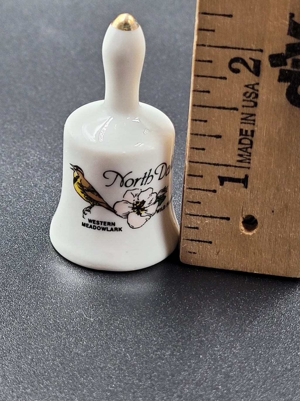 Miniature North Dakota Souvenir Bell – Western Meadowlark & Prairie Rose