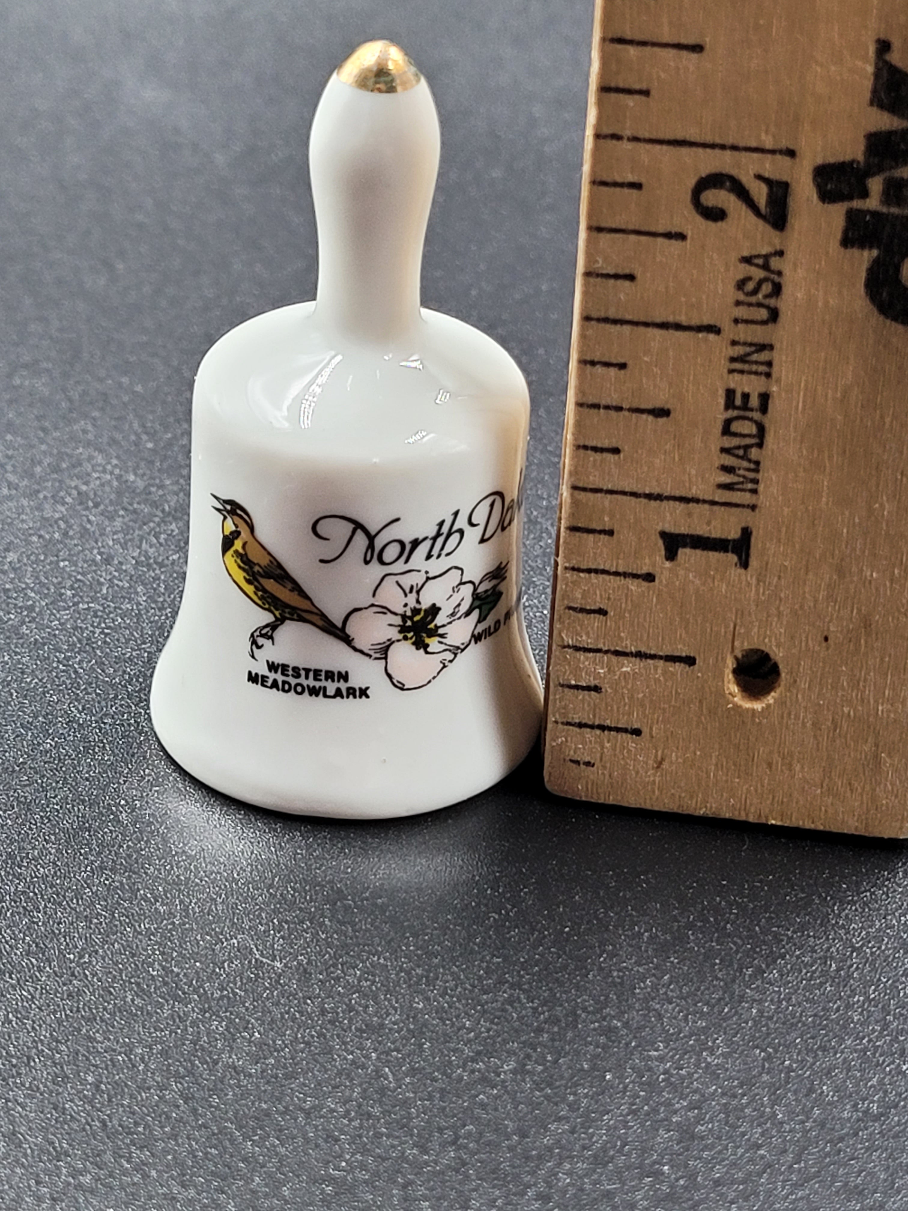 Miniature North Dakota Souvenir Bell – Western Meadowlark & Prairie Rose