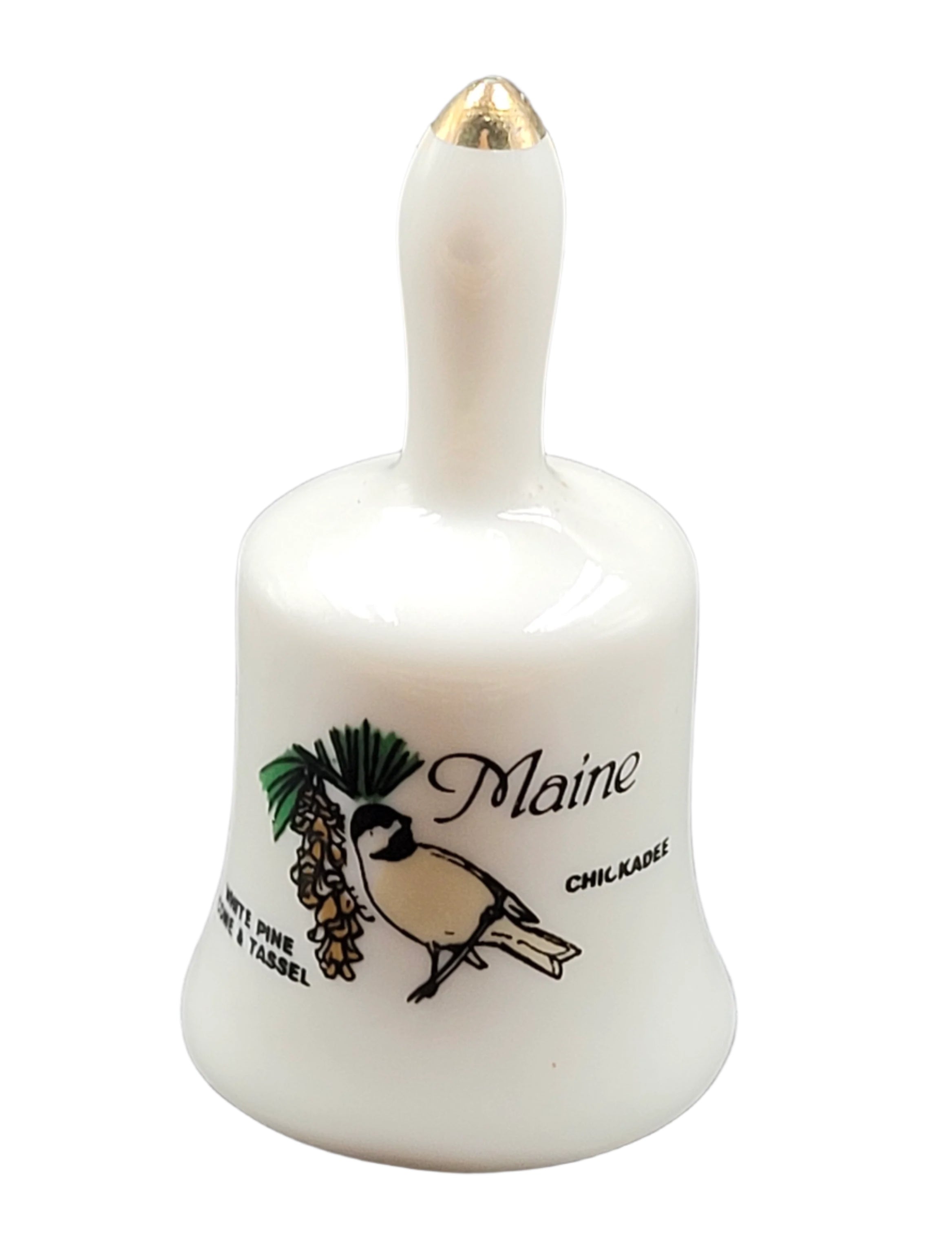 Miniature Vintage Maine Souvenir Bell – Chickadee & White Pine Cone Design