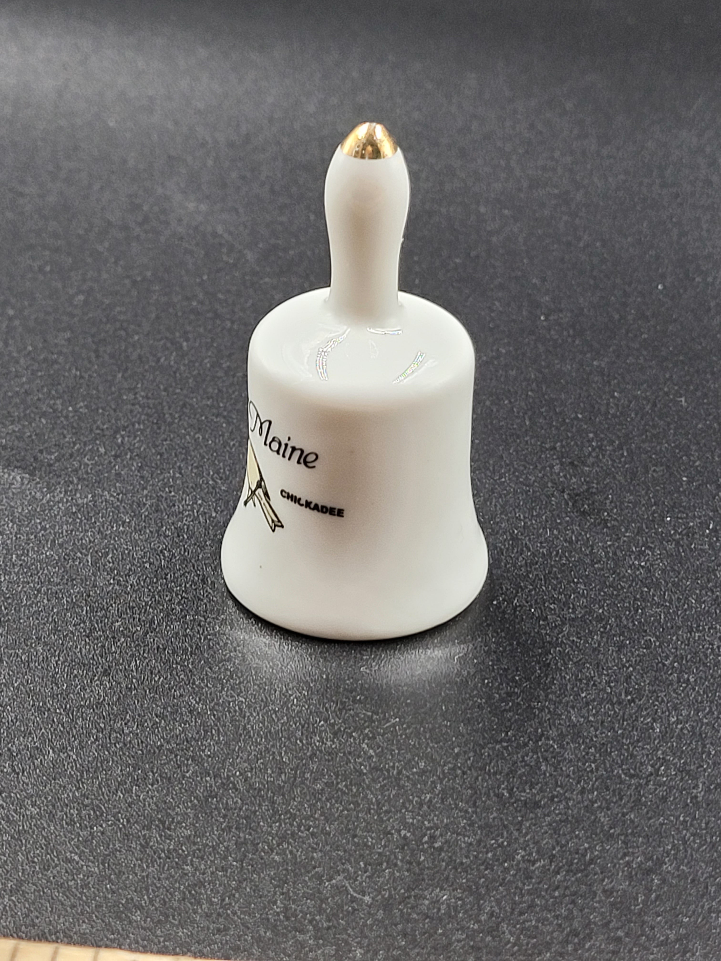 Miniature Vintage Maine Souvenir Bell – Chickadee & White Pine Cone Design