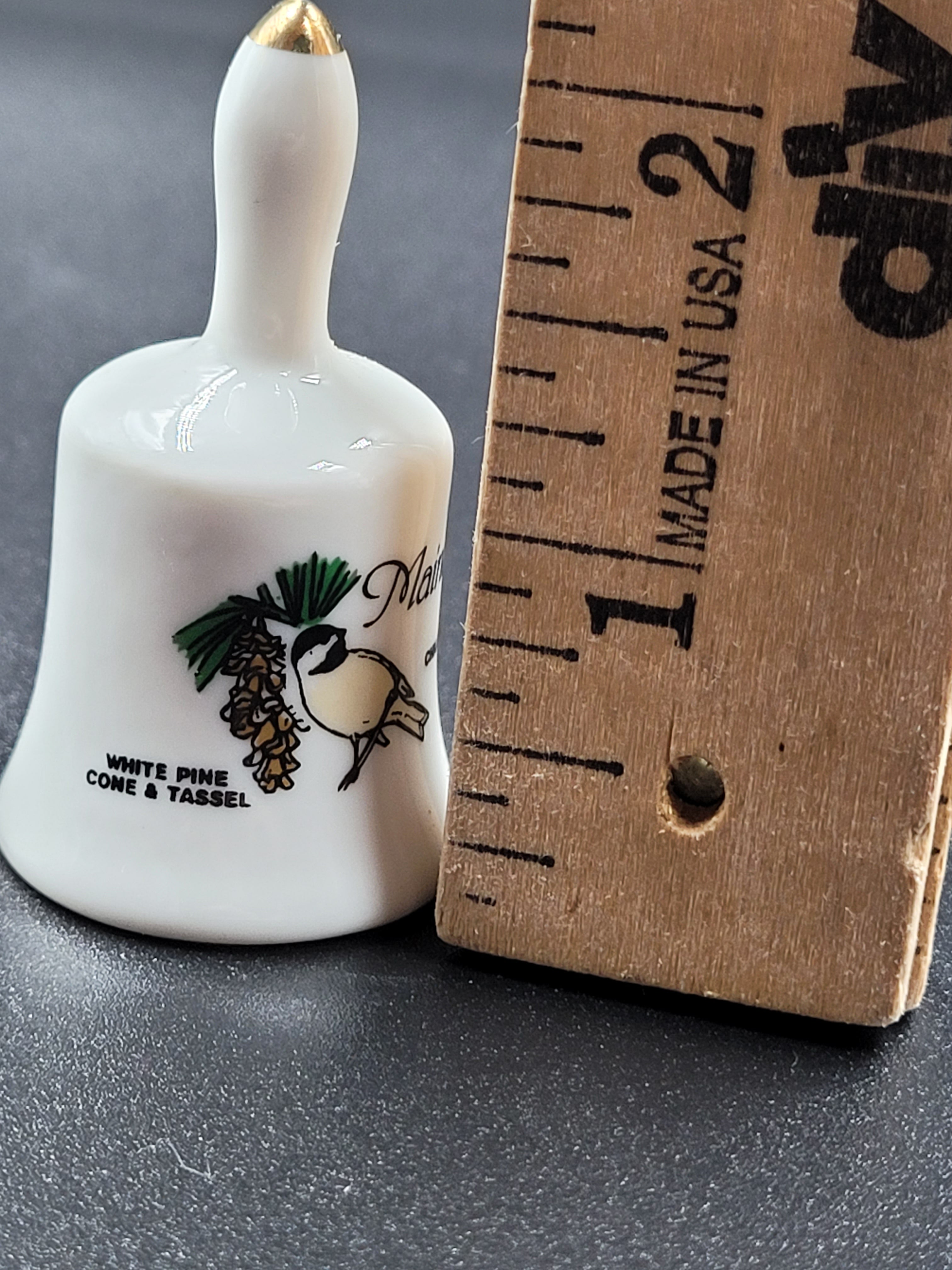 Miniature Vintage Maine Souvenir Bell – Chickadee & White Pine Cone Design