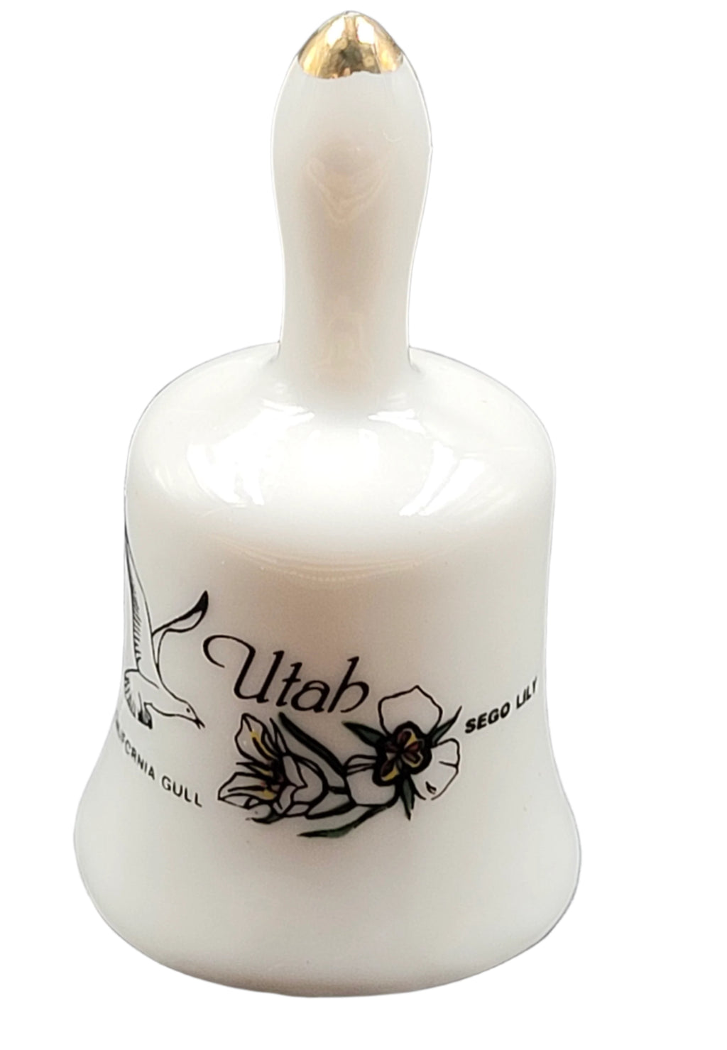 Miniature Utah Souvenir Bell – Sego Lily & California Gull – Vintage Ceramic