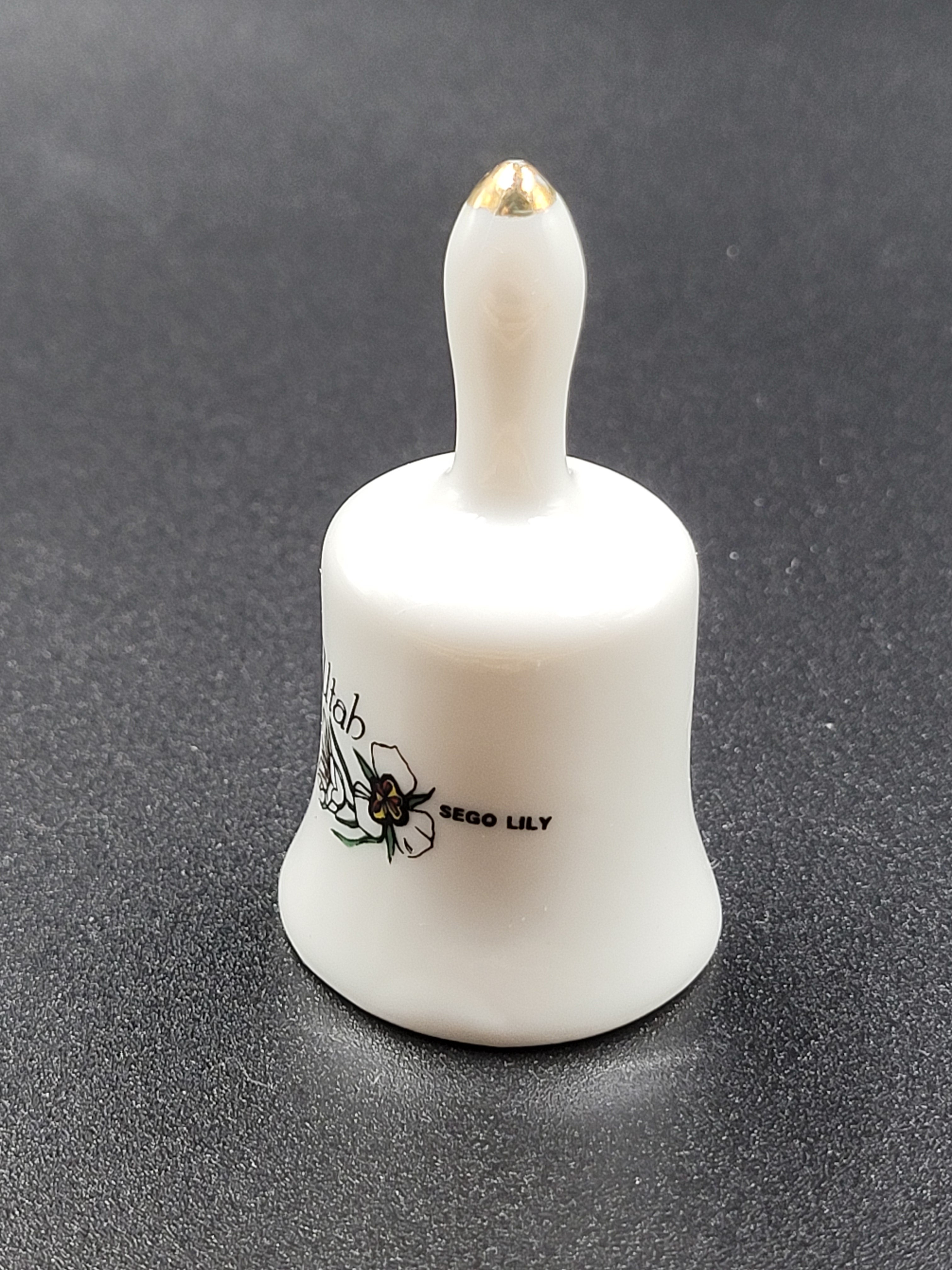 Miniature Utah Souvenir Bell – Sego Lily & California Gull – Vintage Ceramic