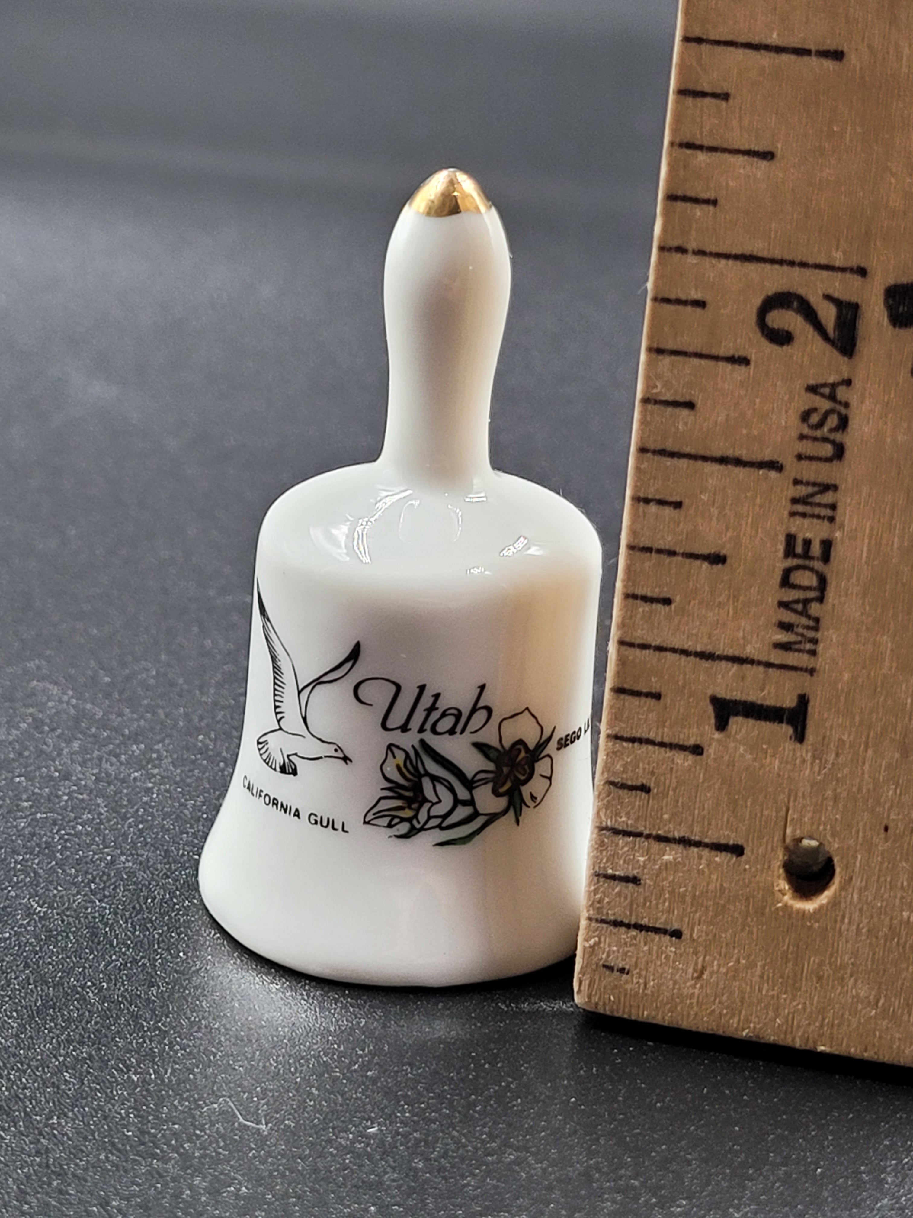 Miniature Utah Souvenir Bell – Sego Lily & California Gull – Vintage Ceramic