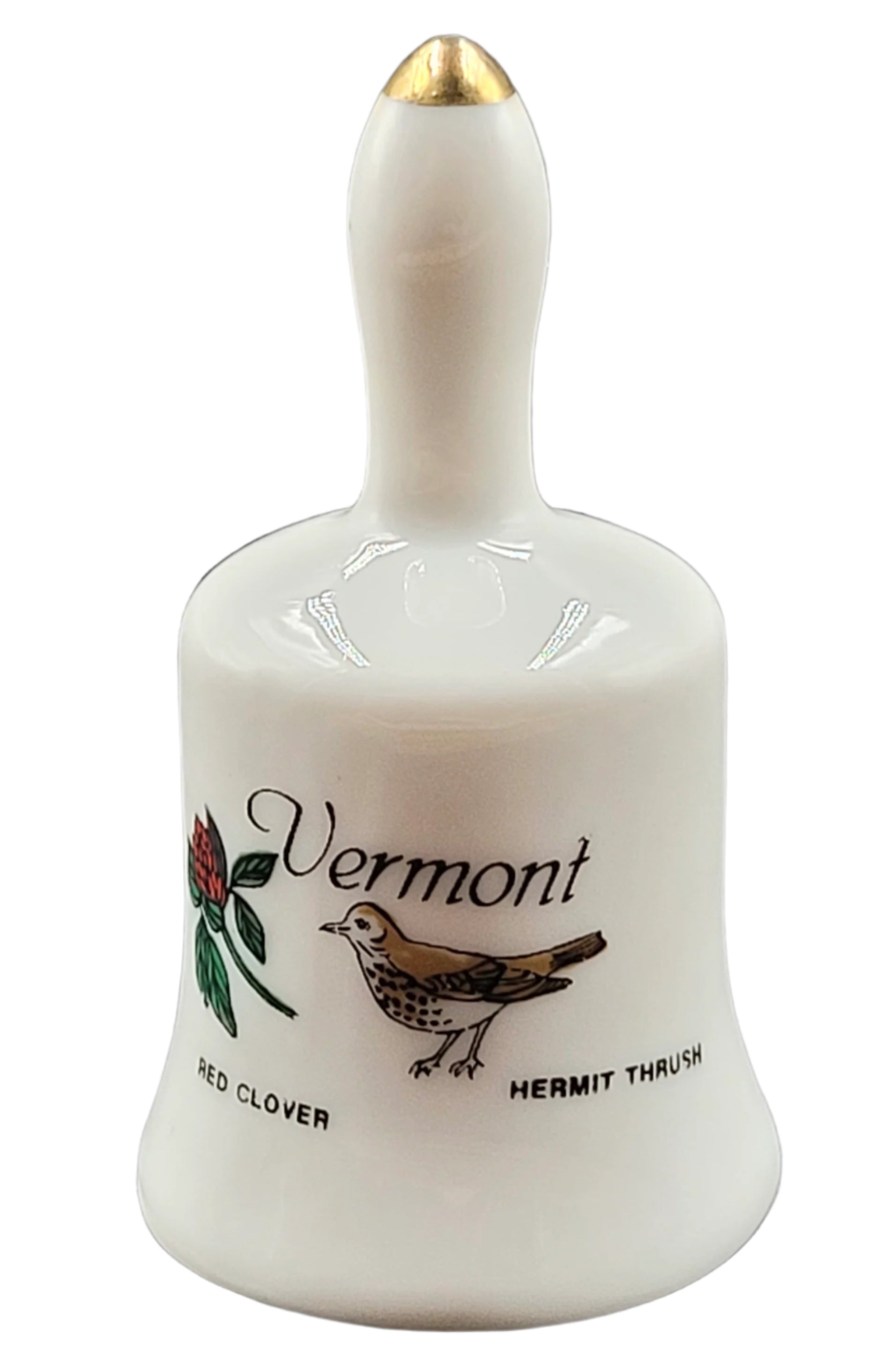 Miniature Vermont Souvenir Bell – Red Clover & Hermit Thrush – Vintage Ceramic