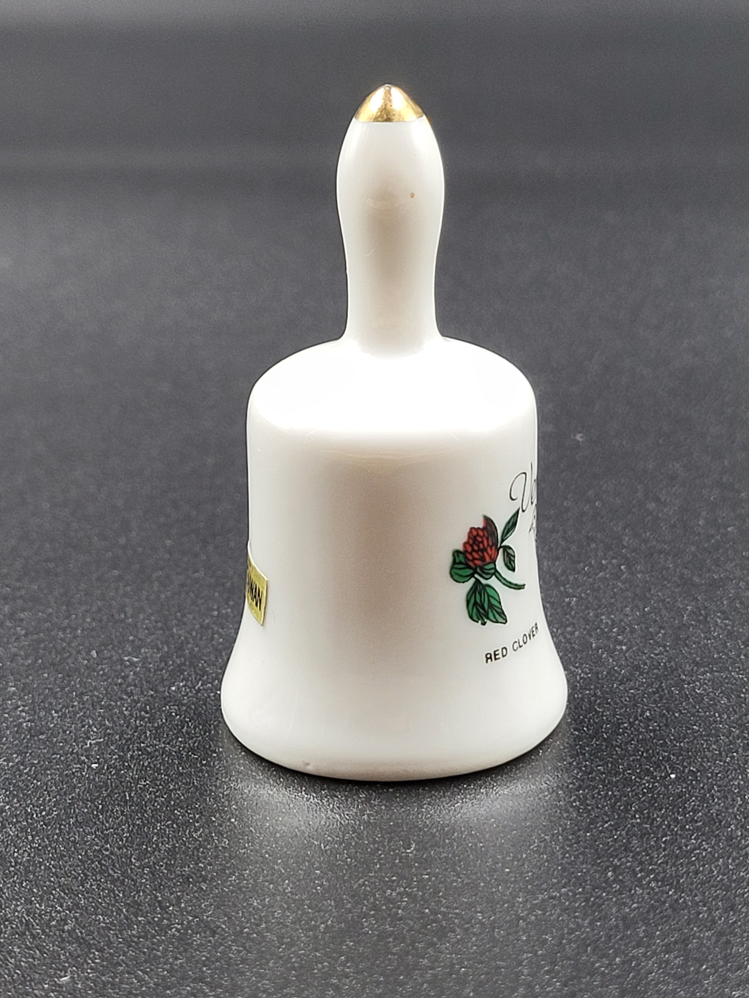 Miniature Vermont Souvenir Bell – Red Clover & Hermit Thrush – Vintage Ceramic