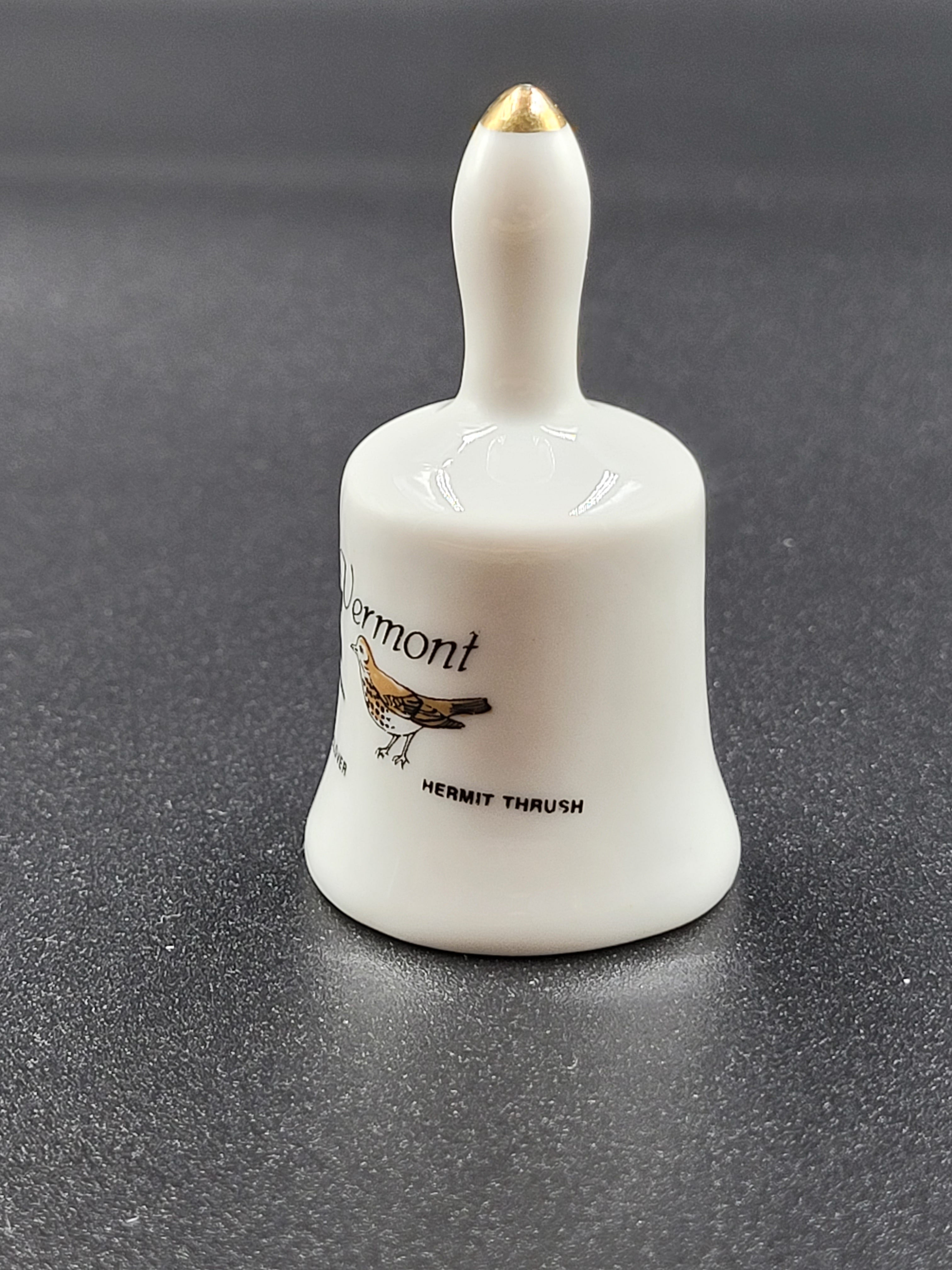 Miniature Vermont Souvenir Bell – Red Clover & Hermit Thrush – Vintage Ceramic