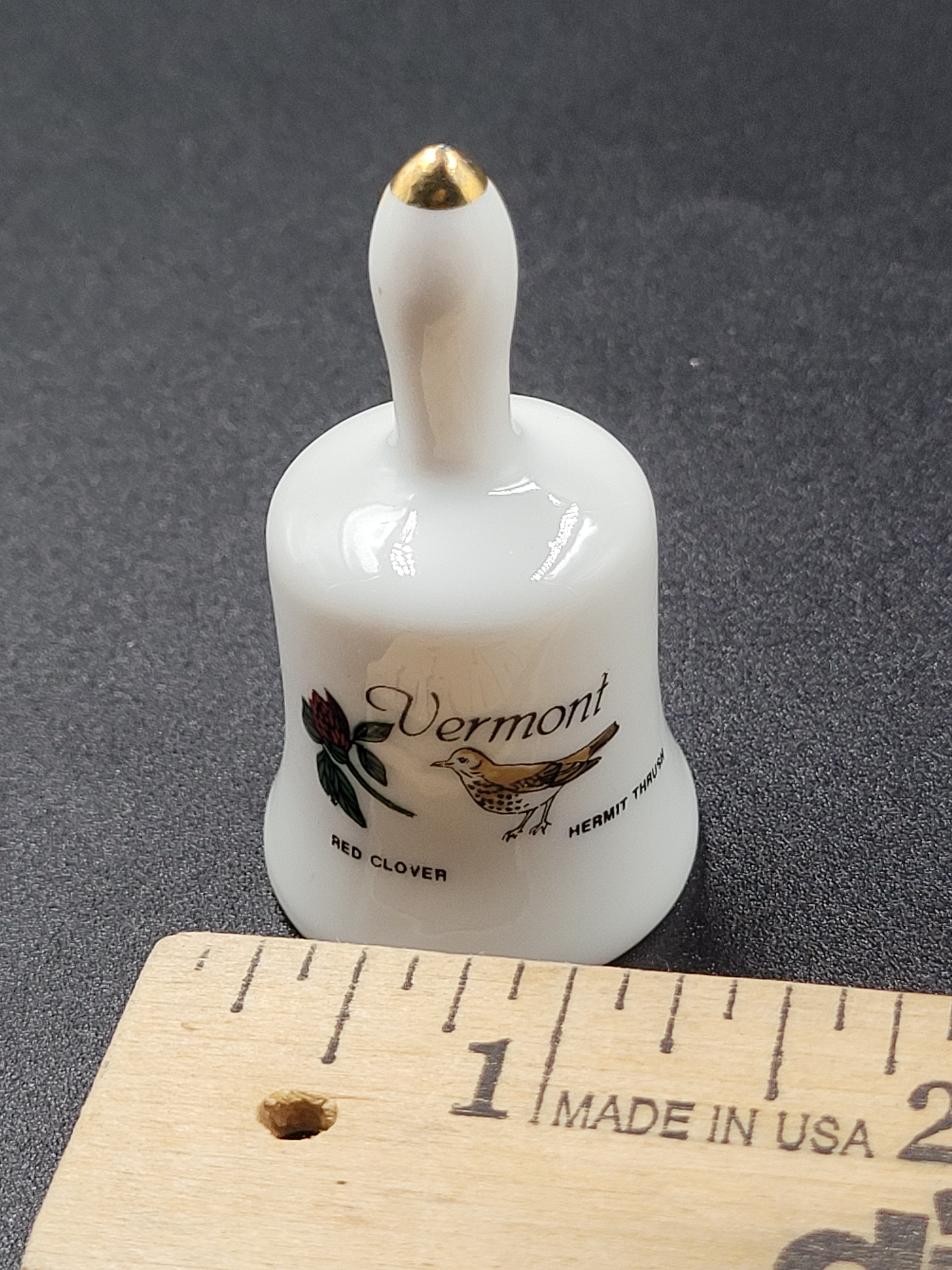 Miniature Vermont Souvenir Bell – Red Clover & Hermit Thrush – Vintage Ceramic