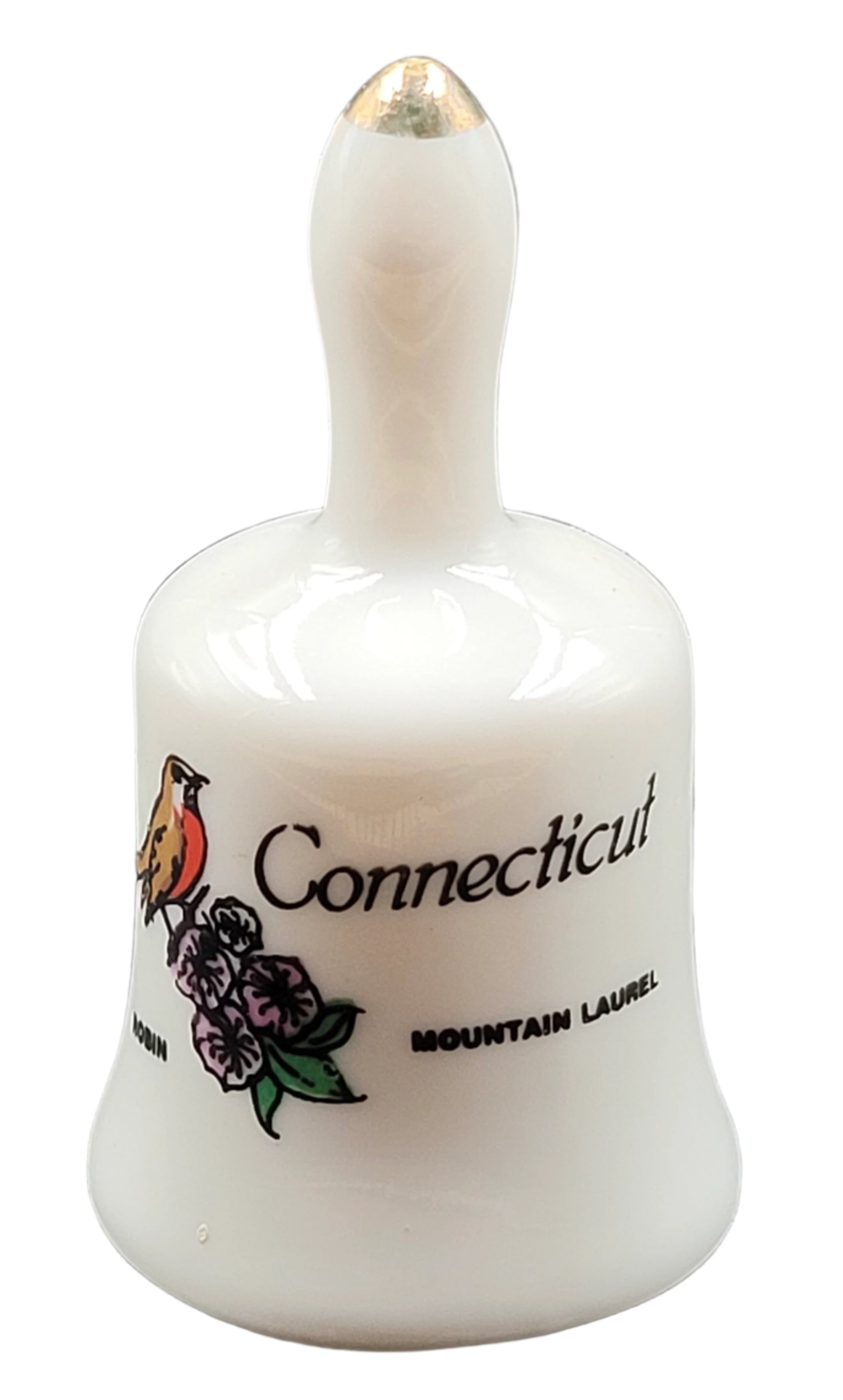 Miniature Connecticut Souvenir Bell – Robin & Mountain Laurel – Vintage Ceramic with Gold Trim
