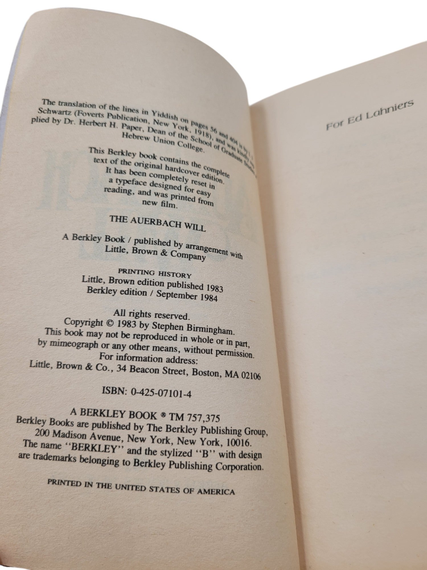 The Auerbach Will by Stephen Birmingham (1983 Berkley Vintage Paperback)