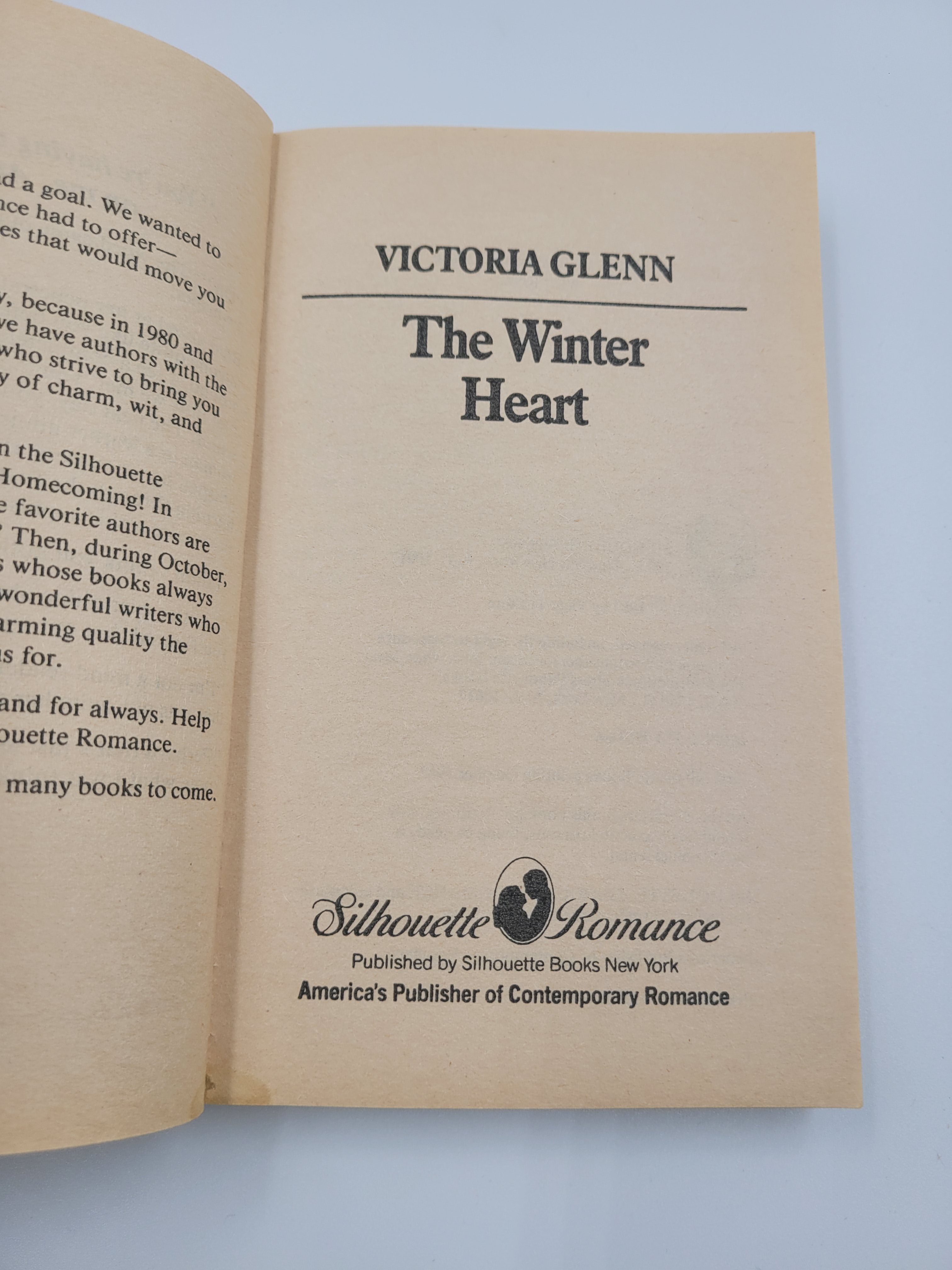 The Winter Heart Vintage Paperback by Victoria Glenn 1987 Silhouette Romance l