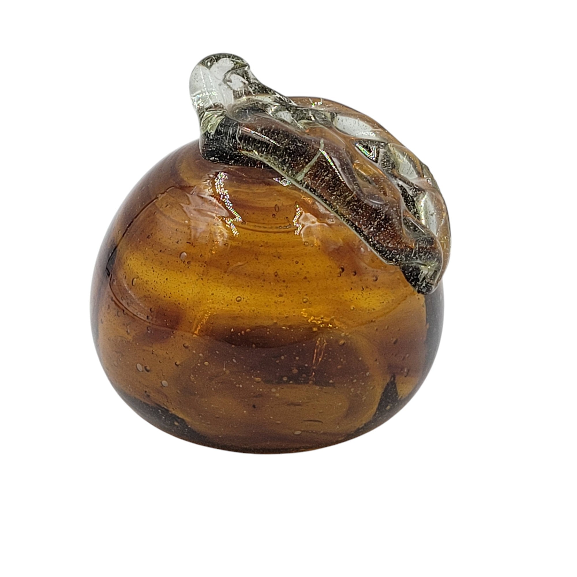 Vintage Handcrafted Glass Apple – Amber with Clear Leaf Accent