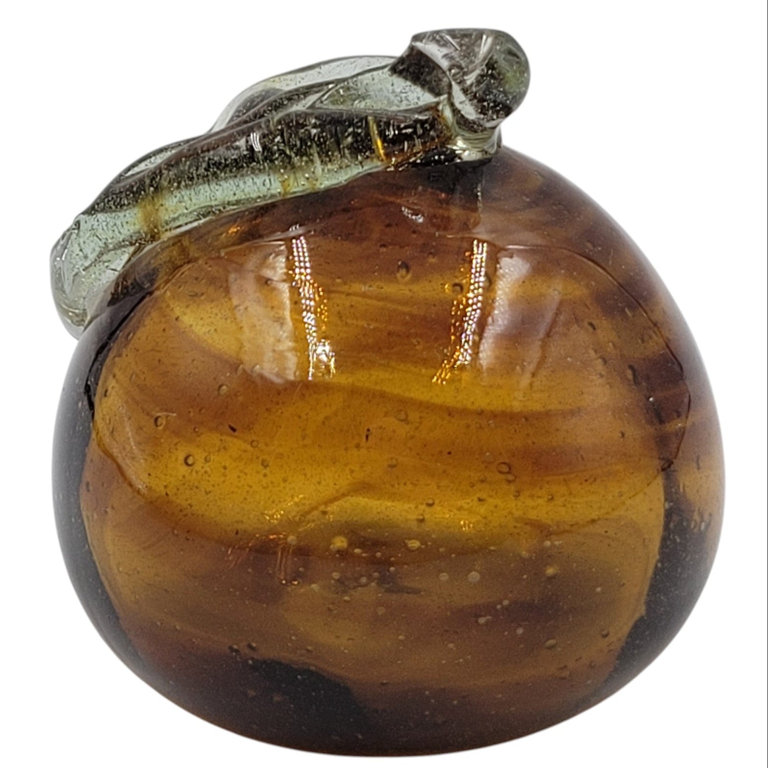 Vintage Handcrafted Glass Apple – Amber with Clear Leaf Accent