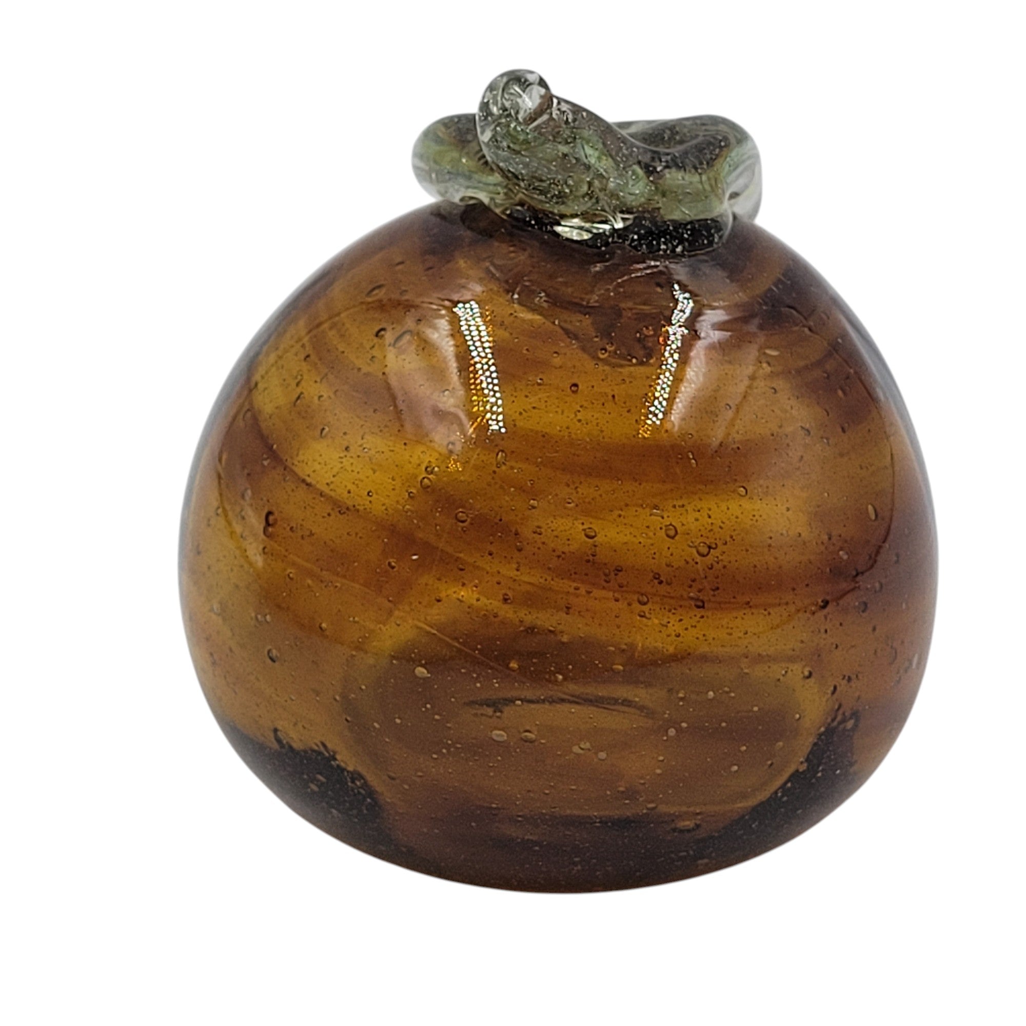 Vintage Handcrafted Glass Apple – Amber with Clear Leaf Accent