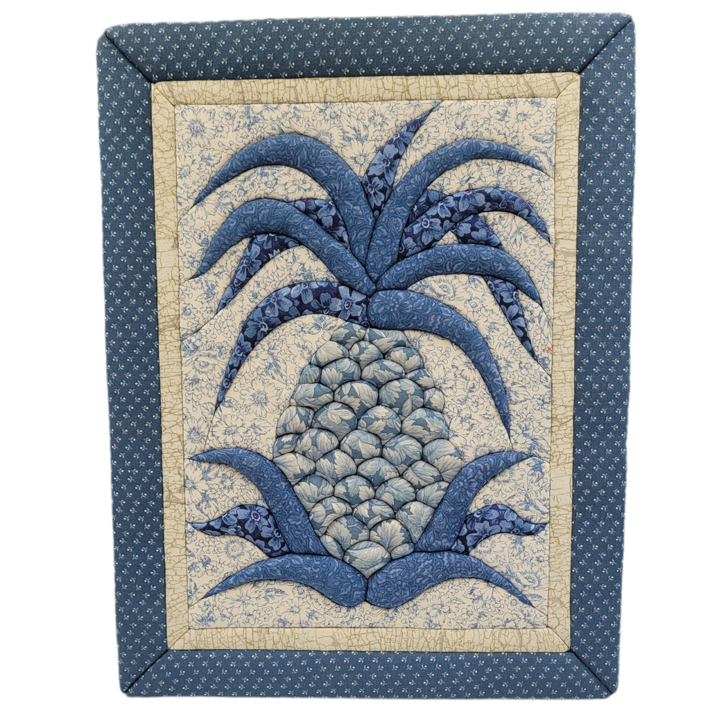 Vintage Quilted Pineapple Wall Hanging – Blue & Cream Patchwork Textile Art